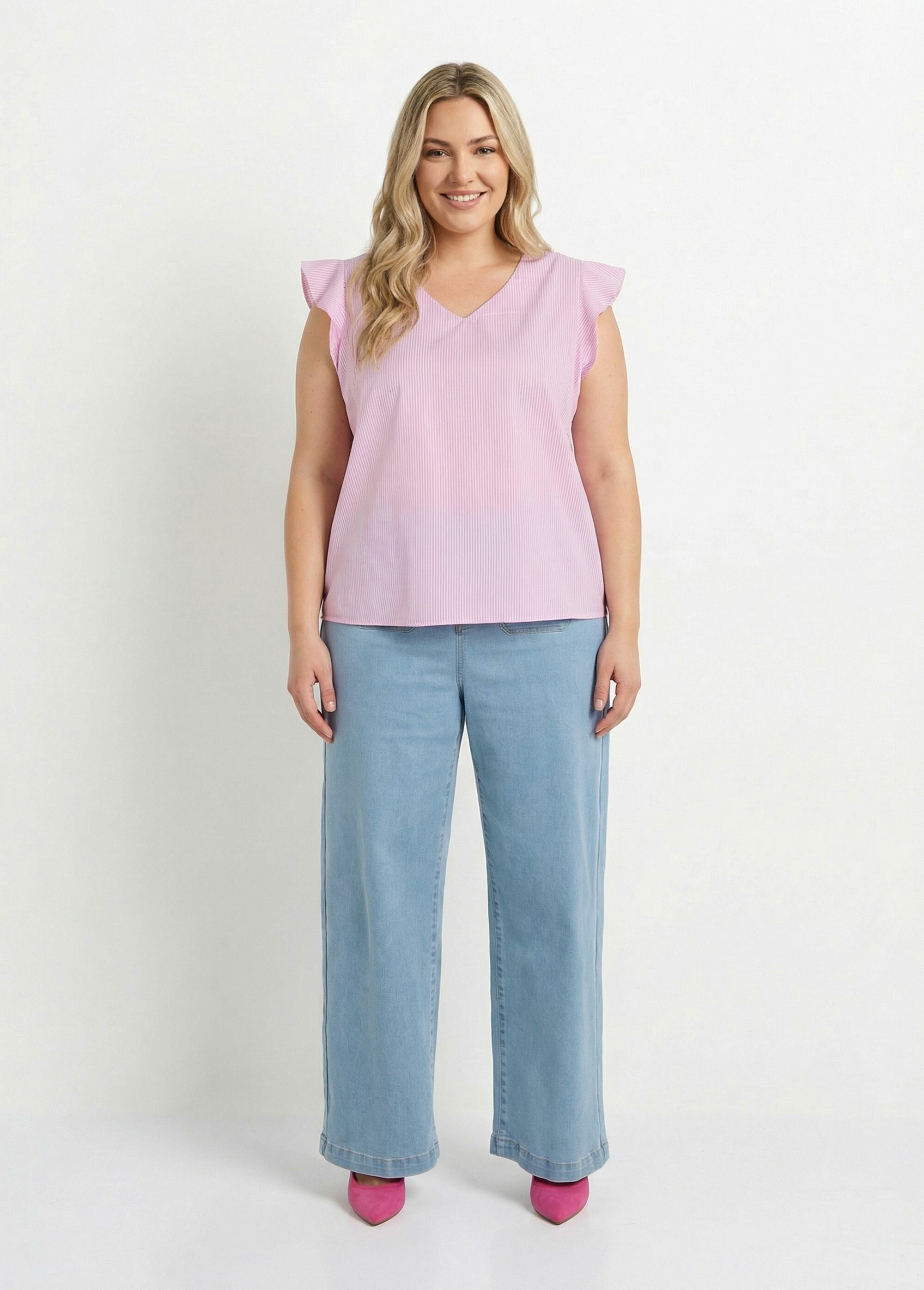 Tunique rayée col V avec piping doré Femme Grande Taille Rose MA-378-1251 SF1