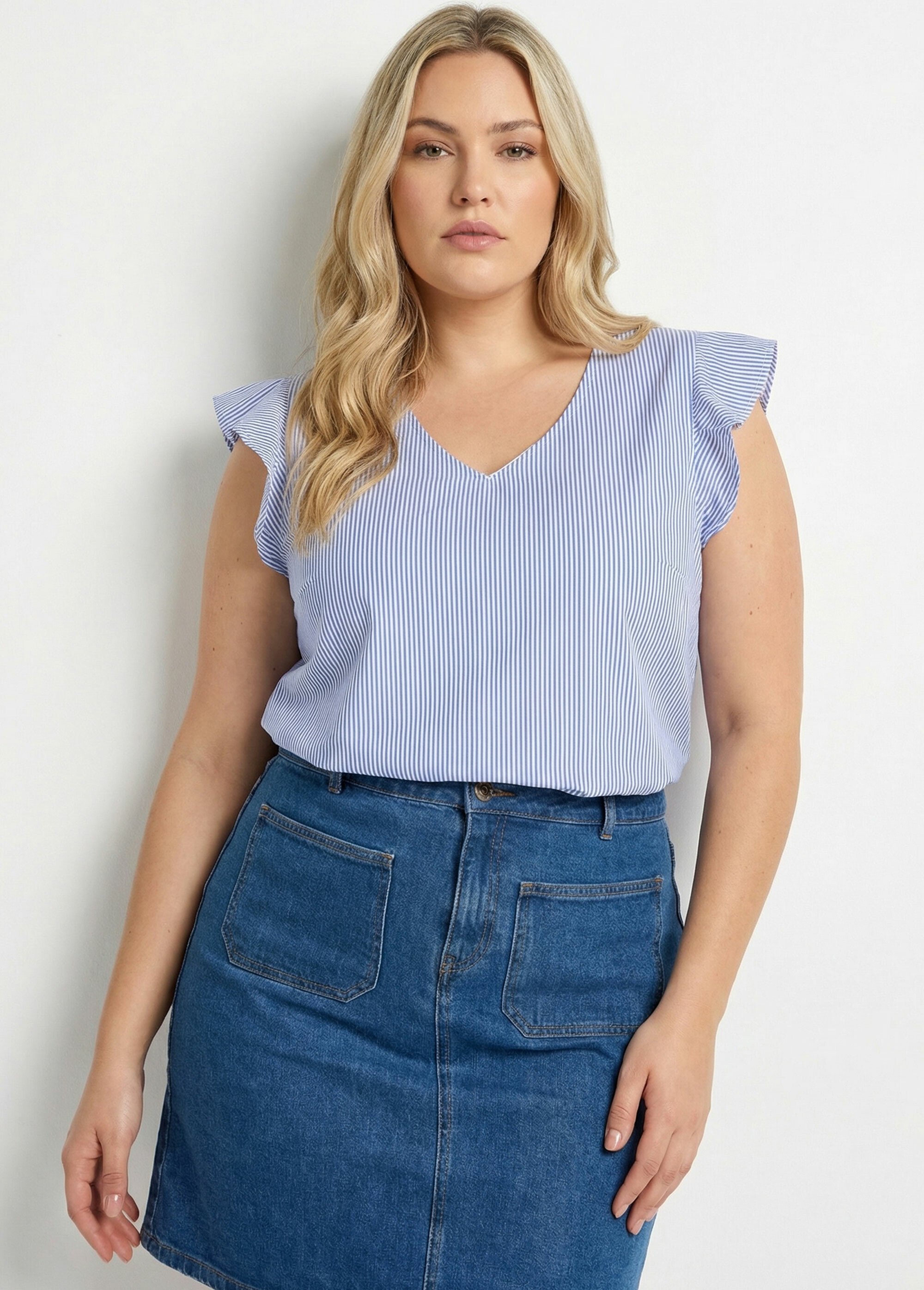 Tunique rayée col V avec piping doré Femme Grande Taille Bleu MA-378-1251 FA1