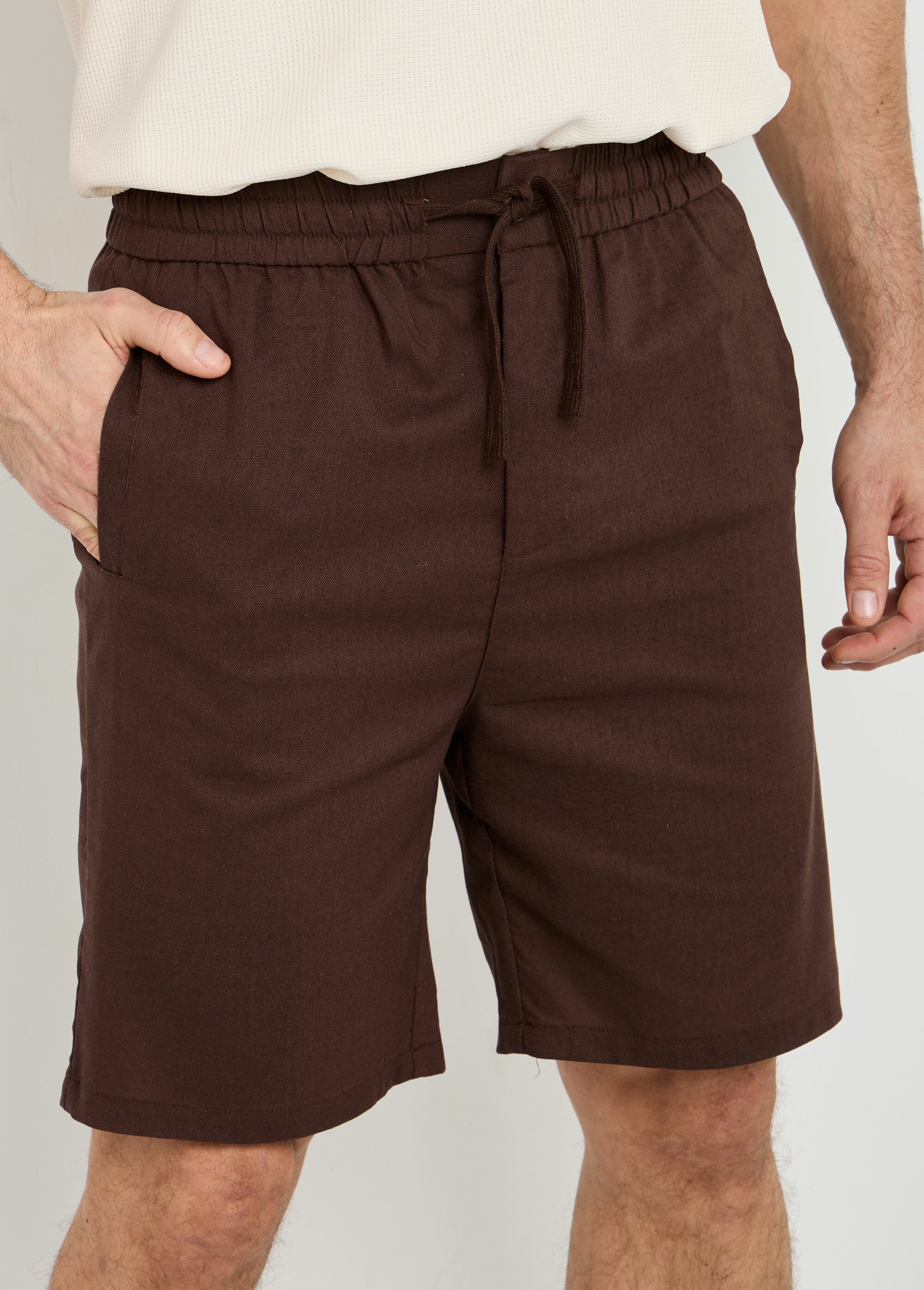 Bermuda lin/coton, taille élastiquée Homme Marron FRIBM24U32 DE1