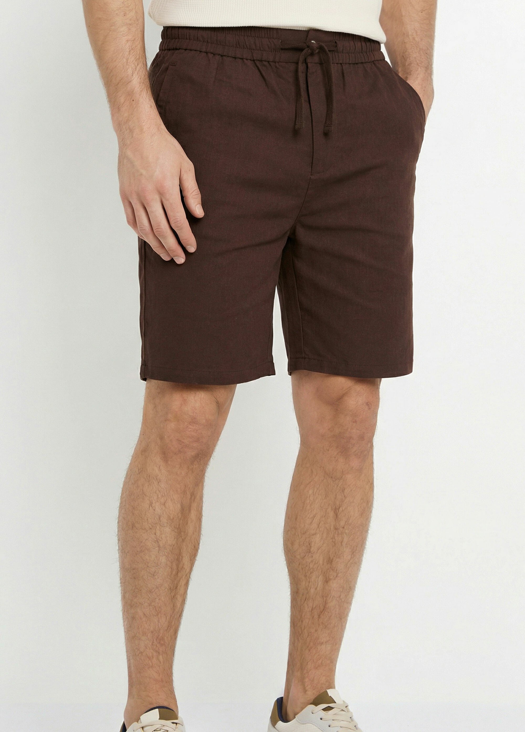 Bermuda lin/coton, taille élastiquée Homme Marron FRIBM24U32 FA1