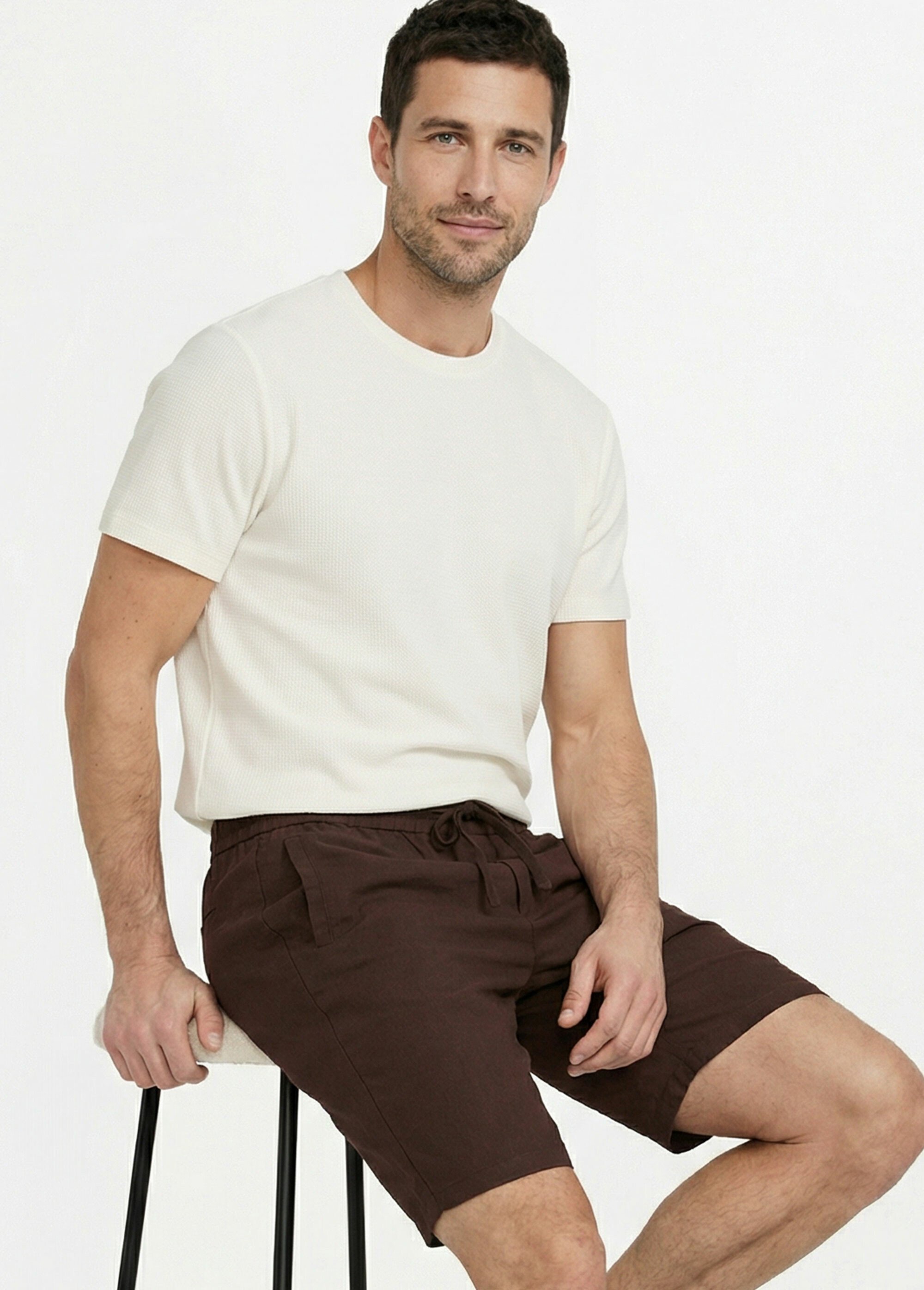 Bermuda lin/coton, taille élastiquée Homme Marron FRIBM24U32 MV1