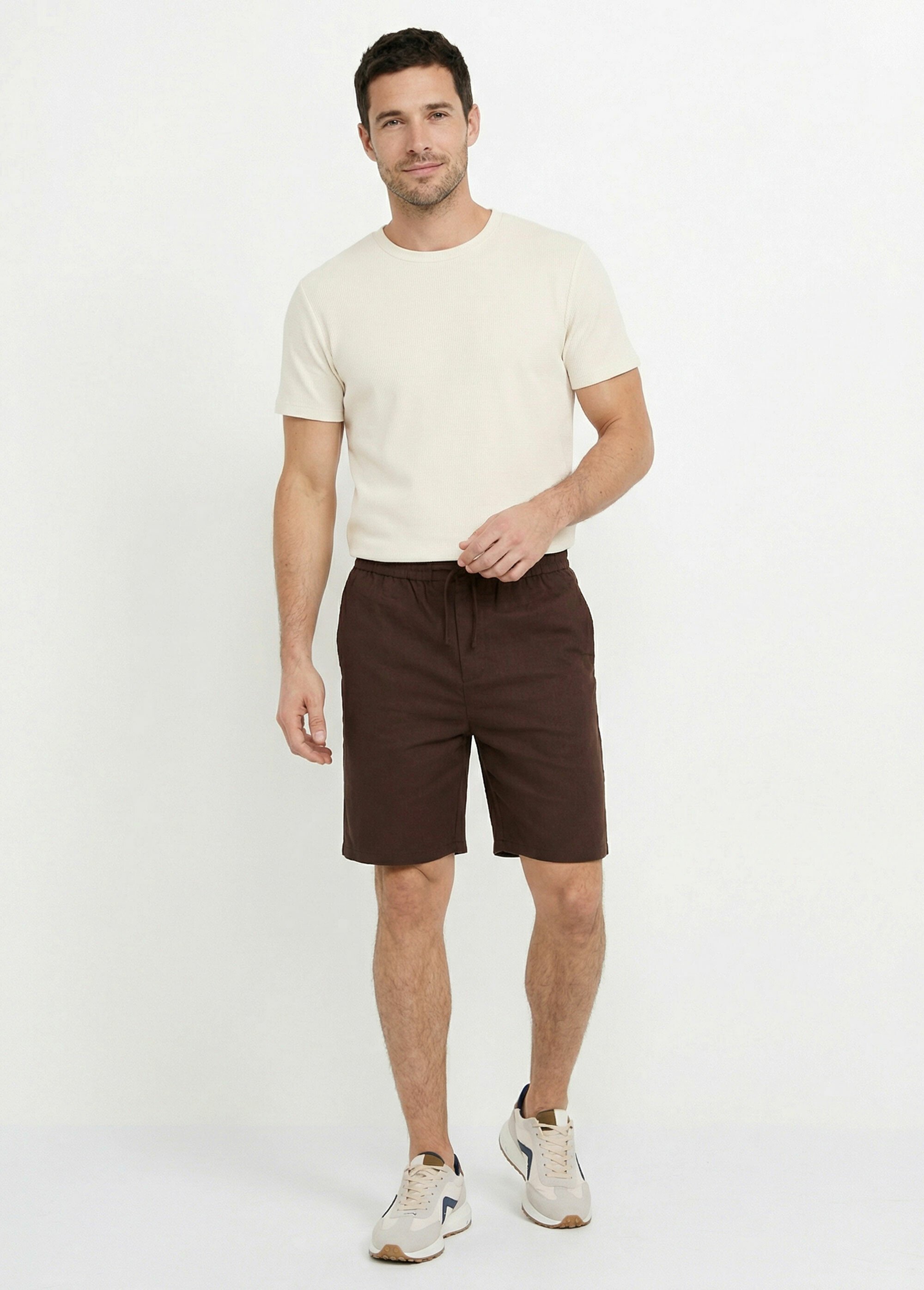 Bermuda lin/coton, taille élastiquée Homme Marron FRIBM24U32 SF1
