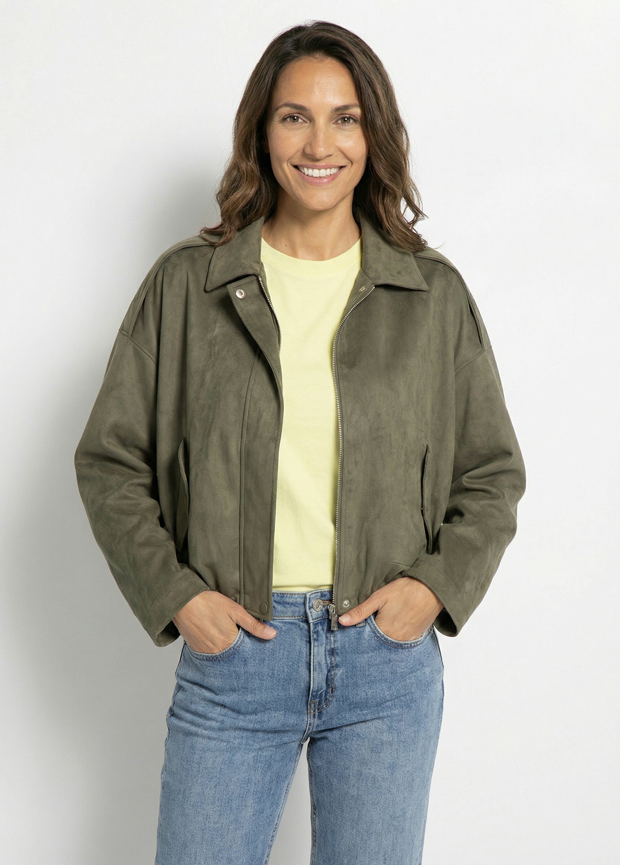 Blouson zippé suédine taille resserrée Femme Vert LJ-6113 FA1