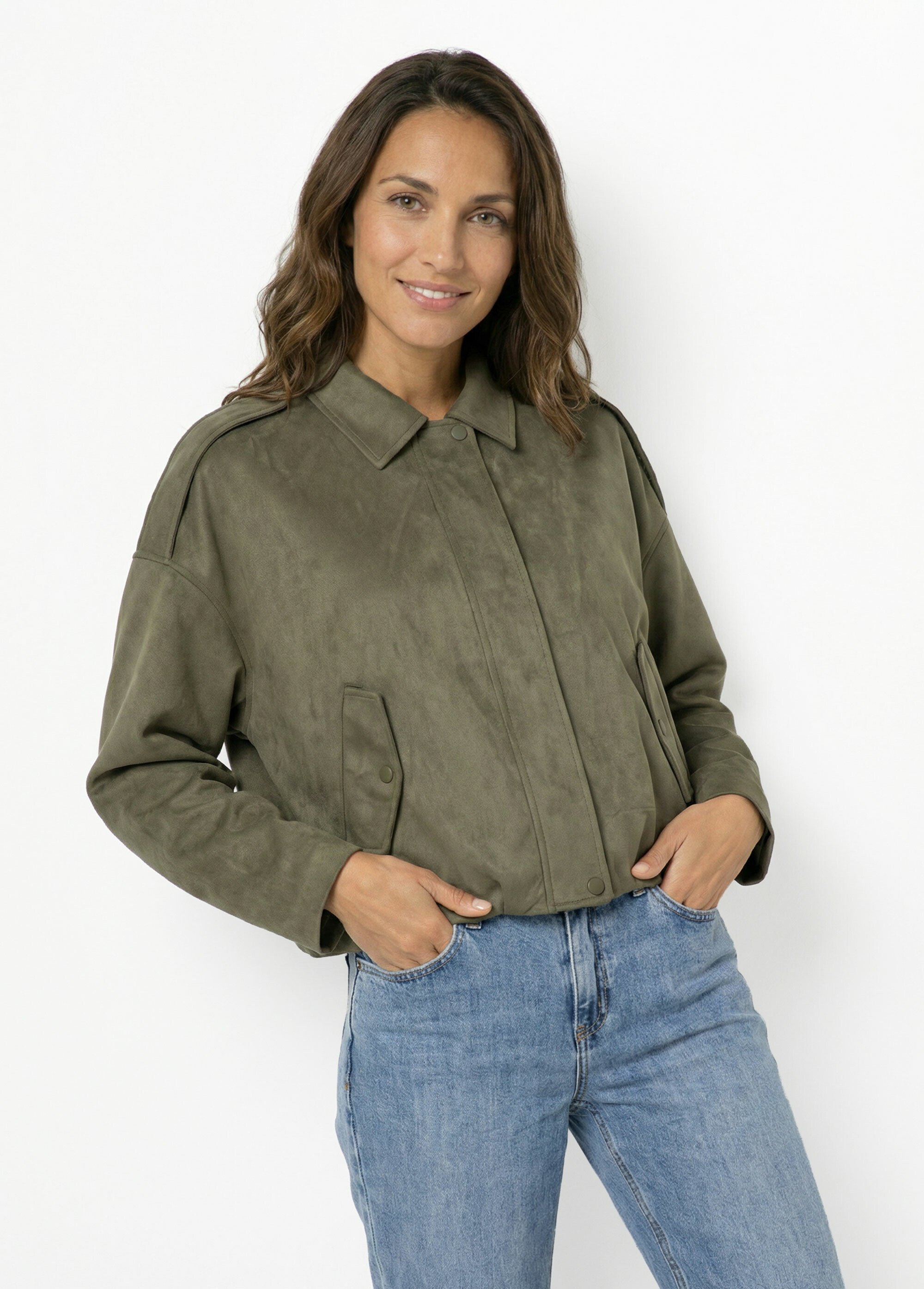 Blouson zippé suédine taille resserrée Femme Vert LJ-6113 MV1