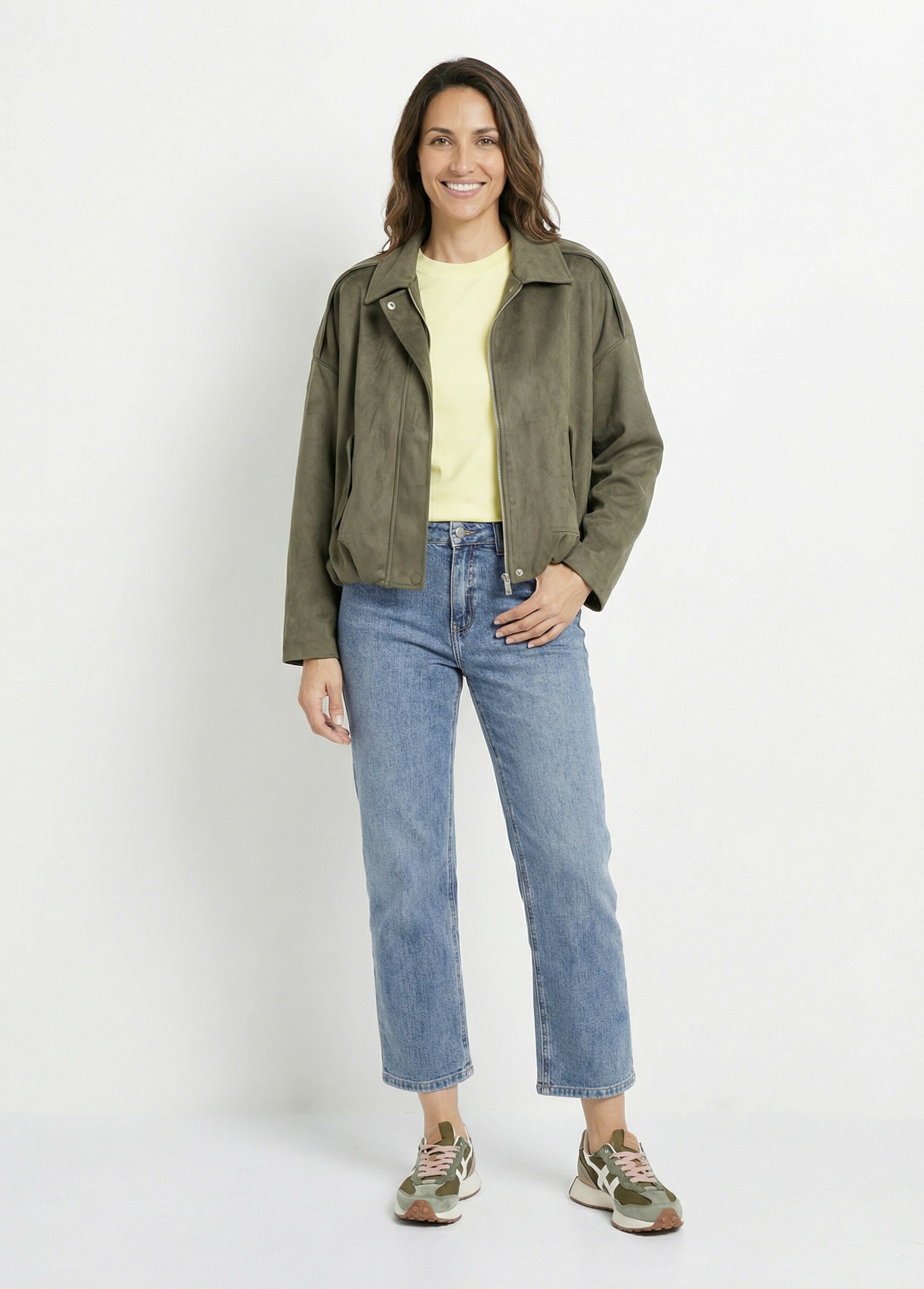Blouson zippé suédine taille resserrée Femme Vert LJ-6113 SF1