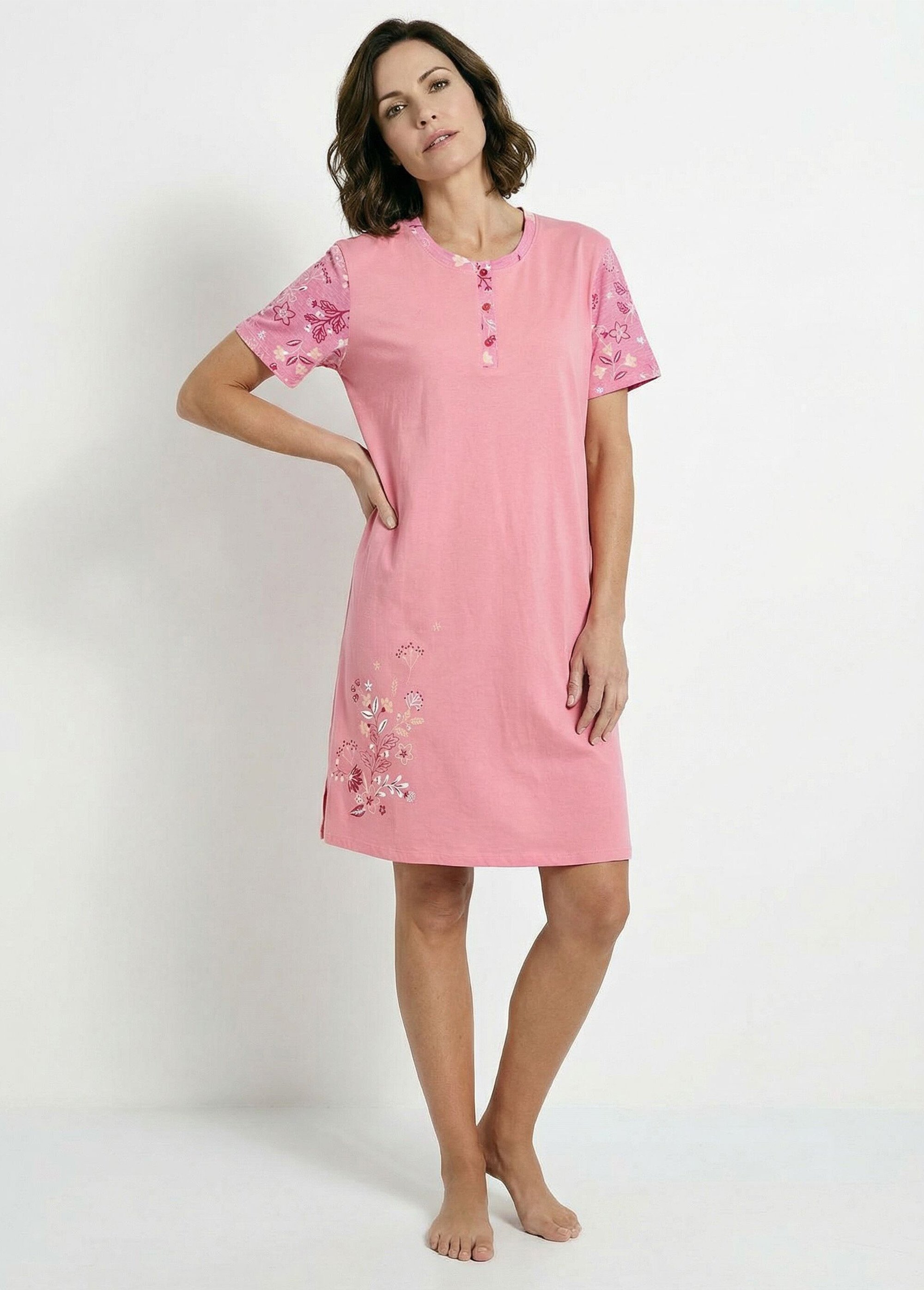 Chemise de nuit courte col tunisien coton Femme Rose SANDY FA1