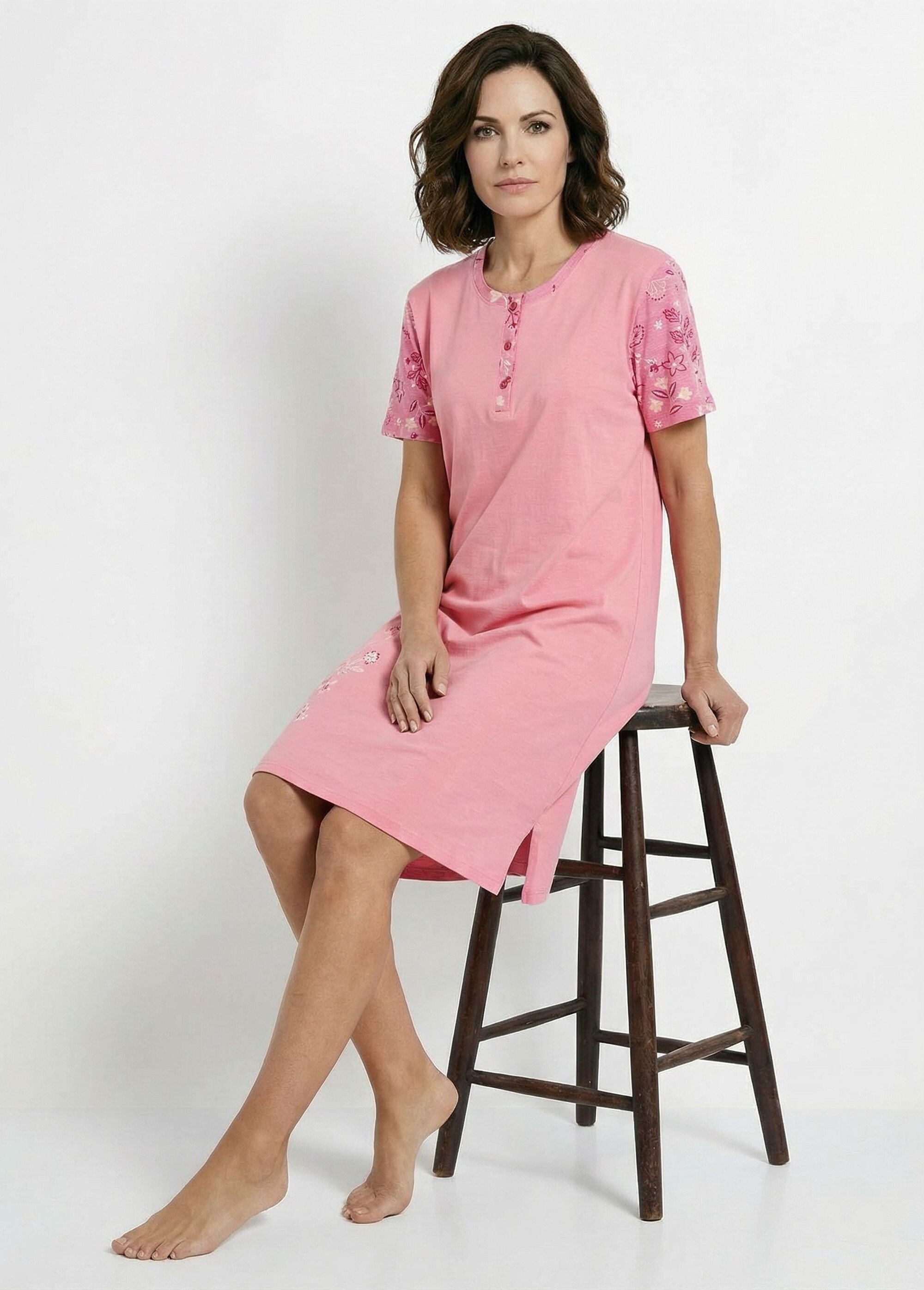 Chemise de nuit courte col tunisien coton Femme Rose SANDY MV1