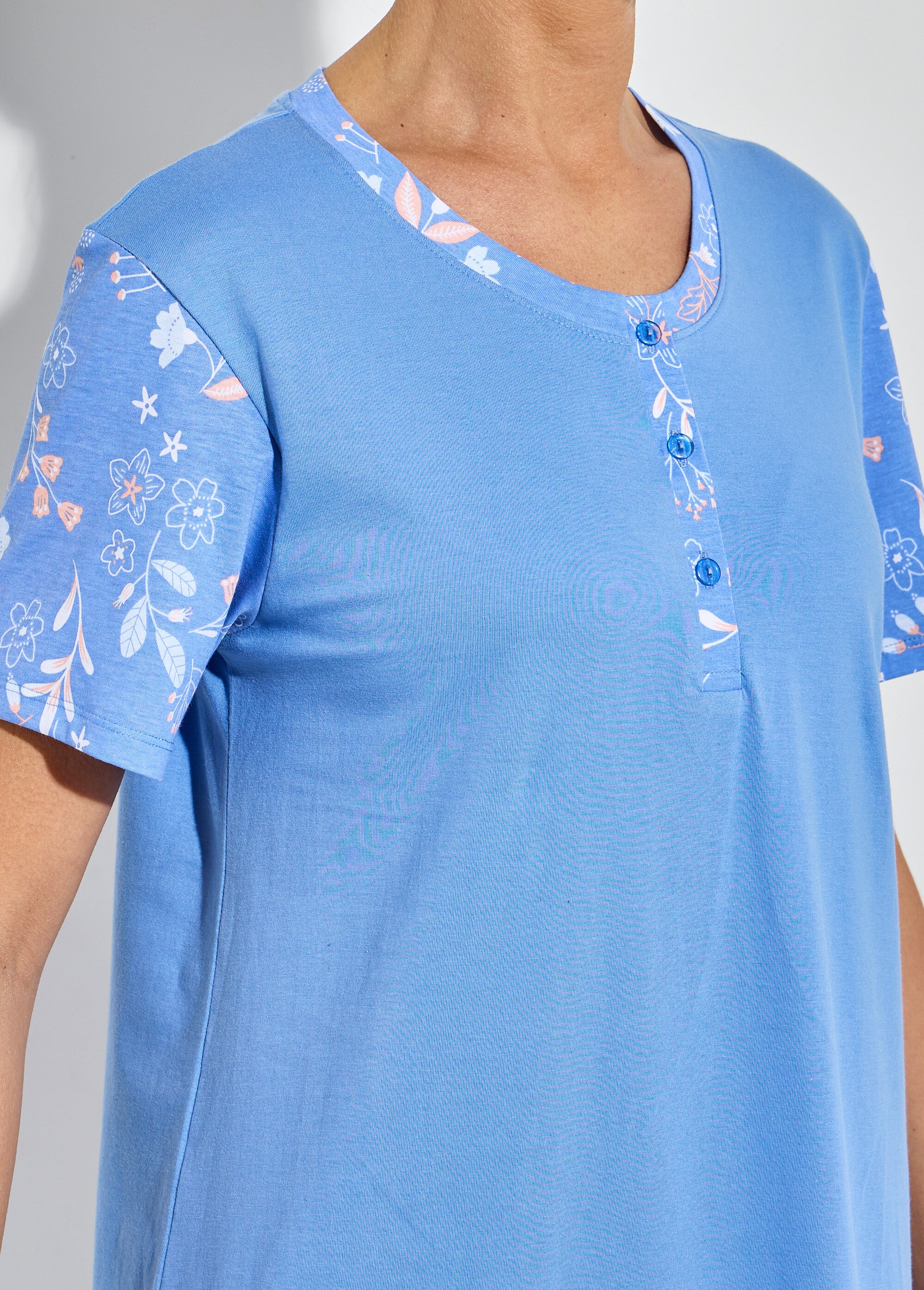 Chemise de nuit courte col tunisien coton Femme Bleu SANDY DE1