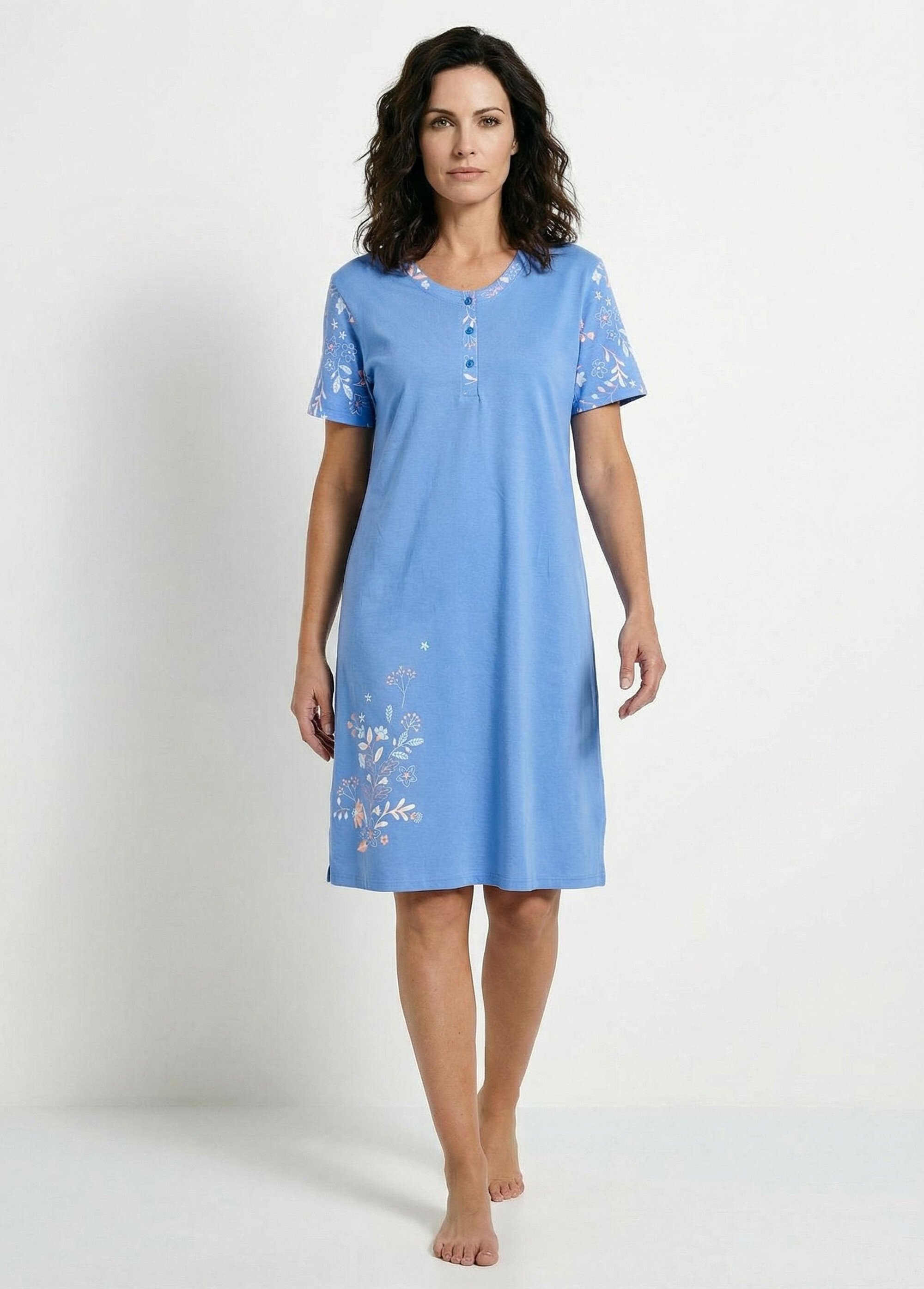 Chemise de nuit courte col tunisien coton Femme Bleu SANDY FA1