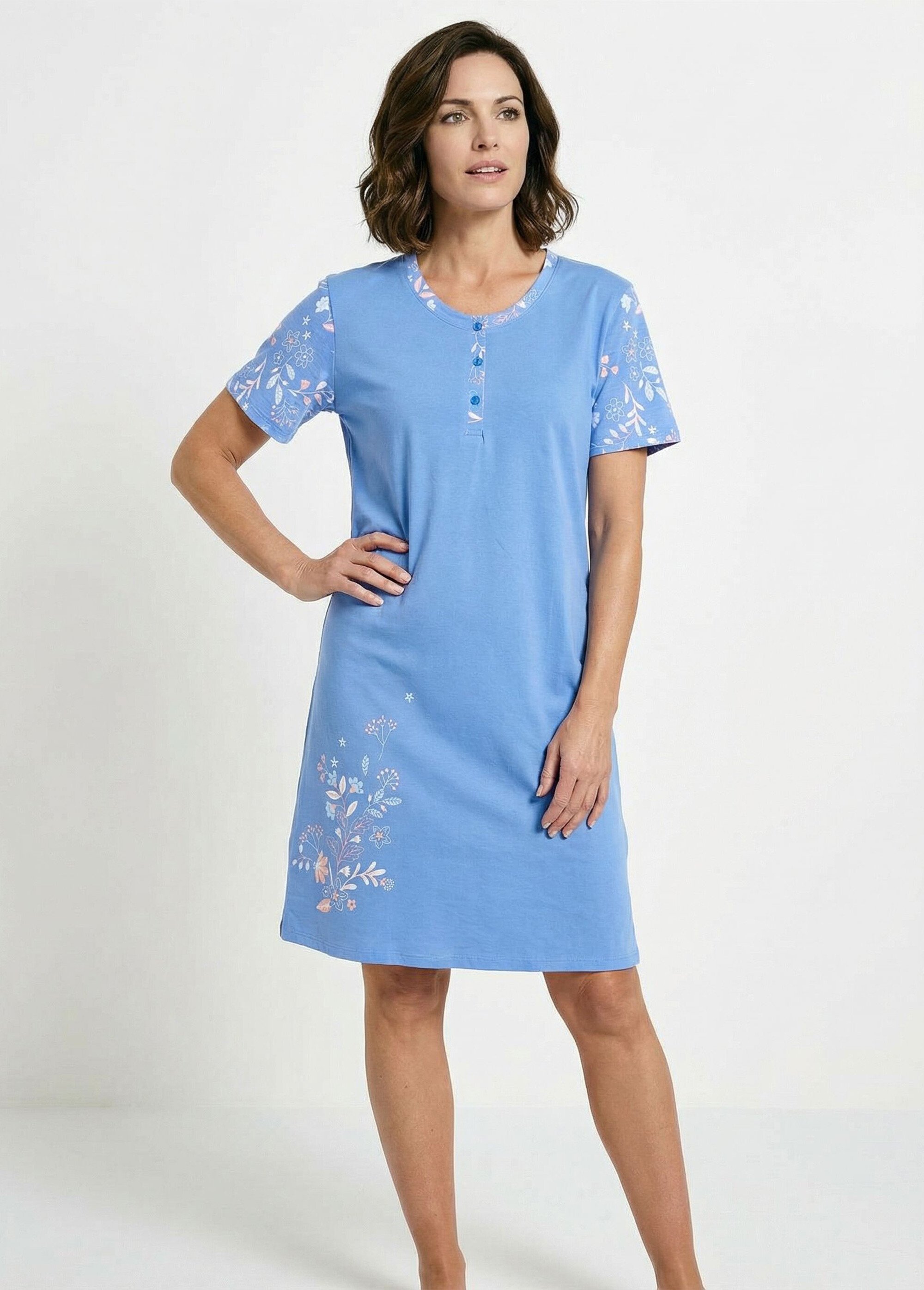 Chemise de nuit courte col tunisien coton Femme Bleu SANDY MV1