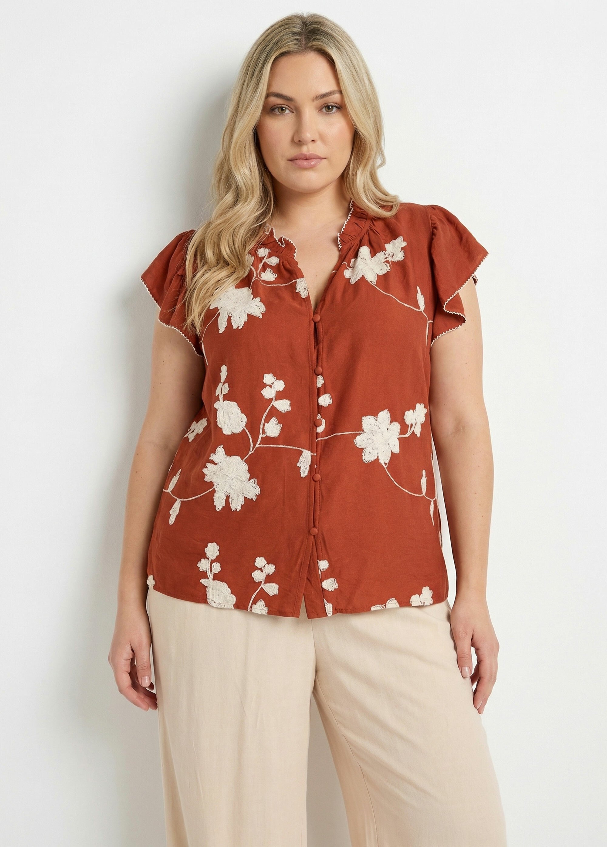 Chemisier broderies contrastantes fleurs Femme Grande Taille Orange MA-M1111-2178 FA1