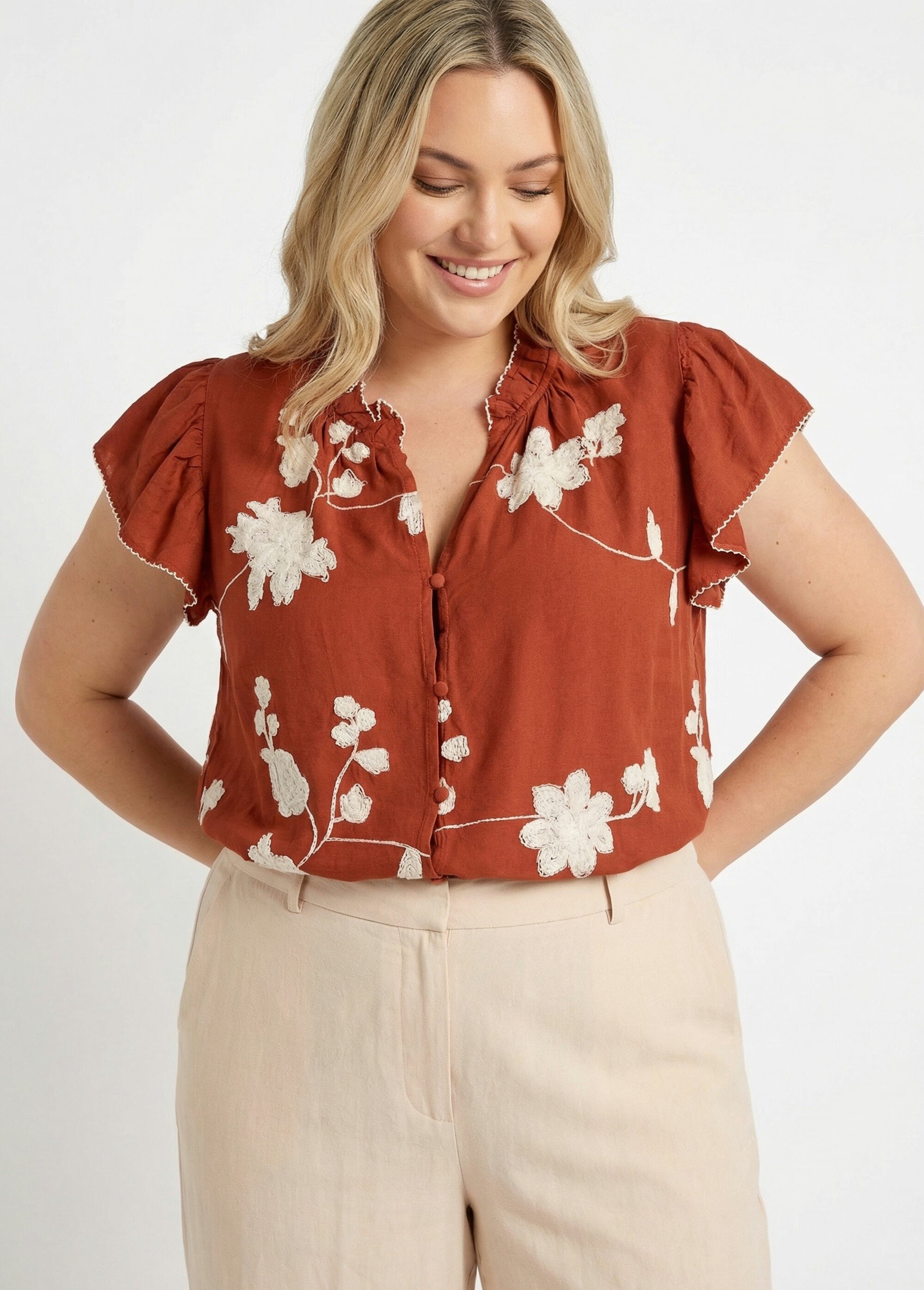 Chemisier broderies contrastantes fleurs Femme Grande Taille Orange MA-M1111-2178 MV1