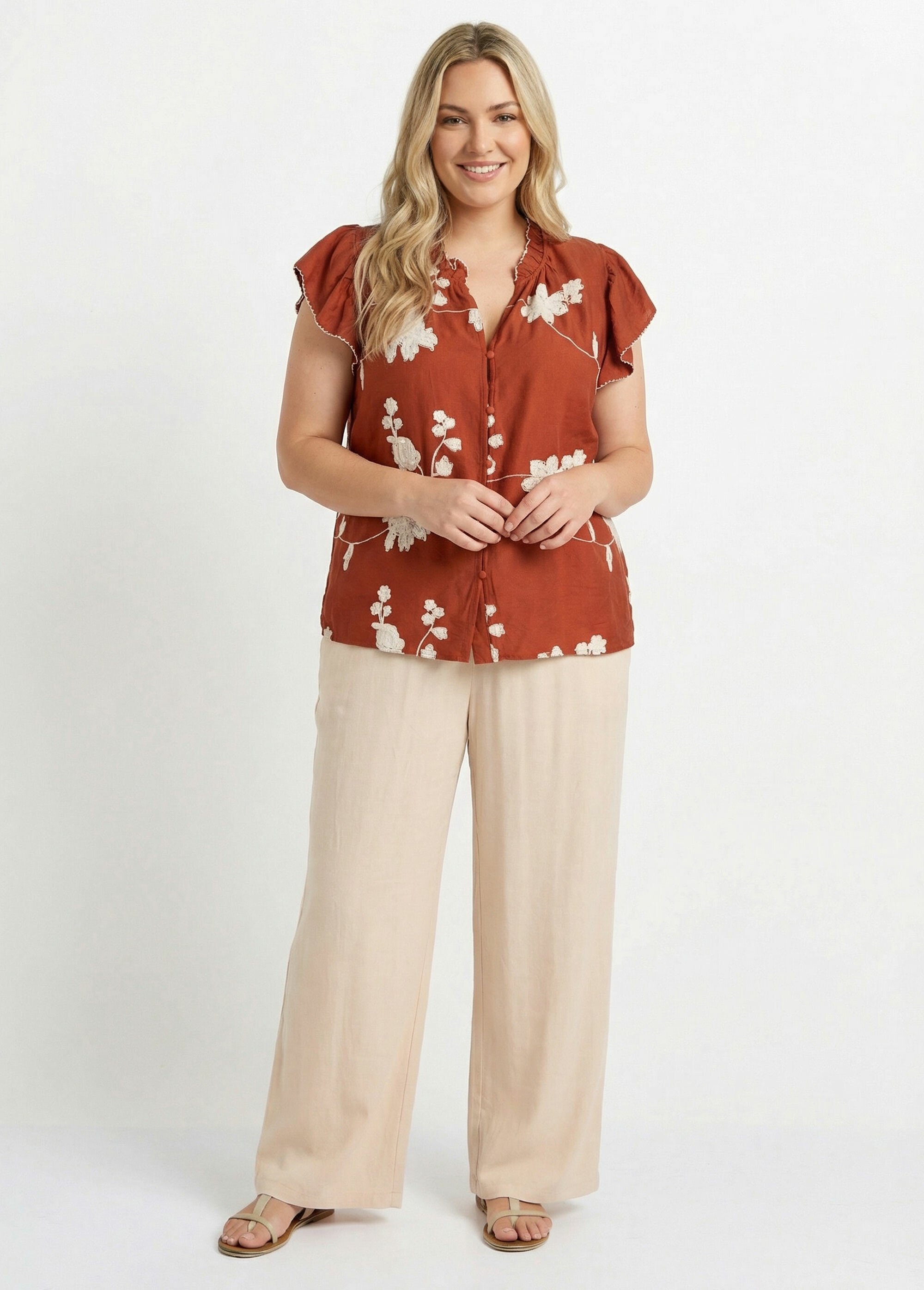 Chemisier broderies contrastantes fleurs Femme Grande Taille Orange MA-M1111-2178 SF1