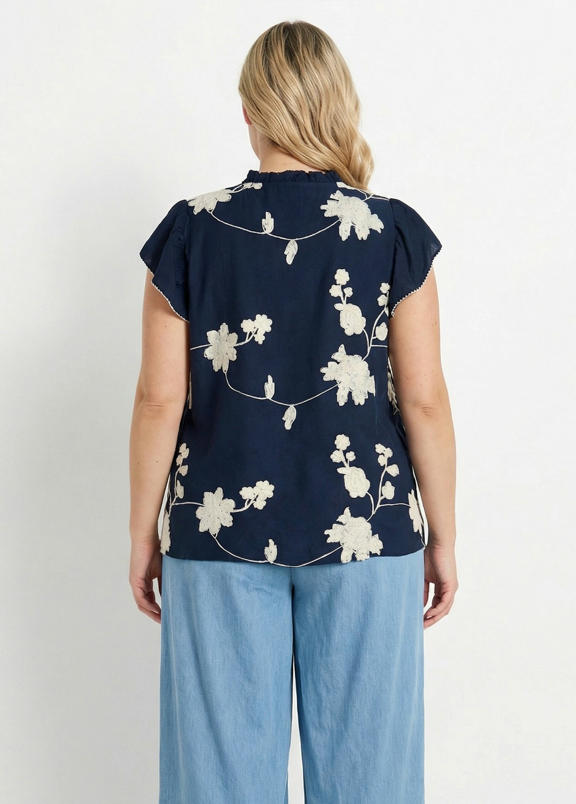 Chemisier broderies contrastantes fleurs