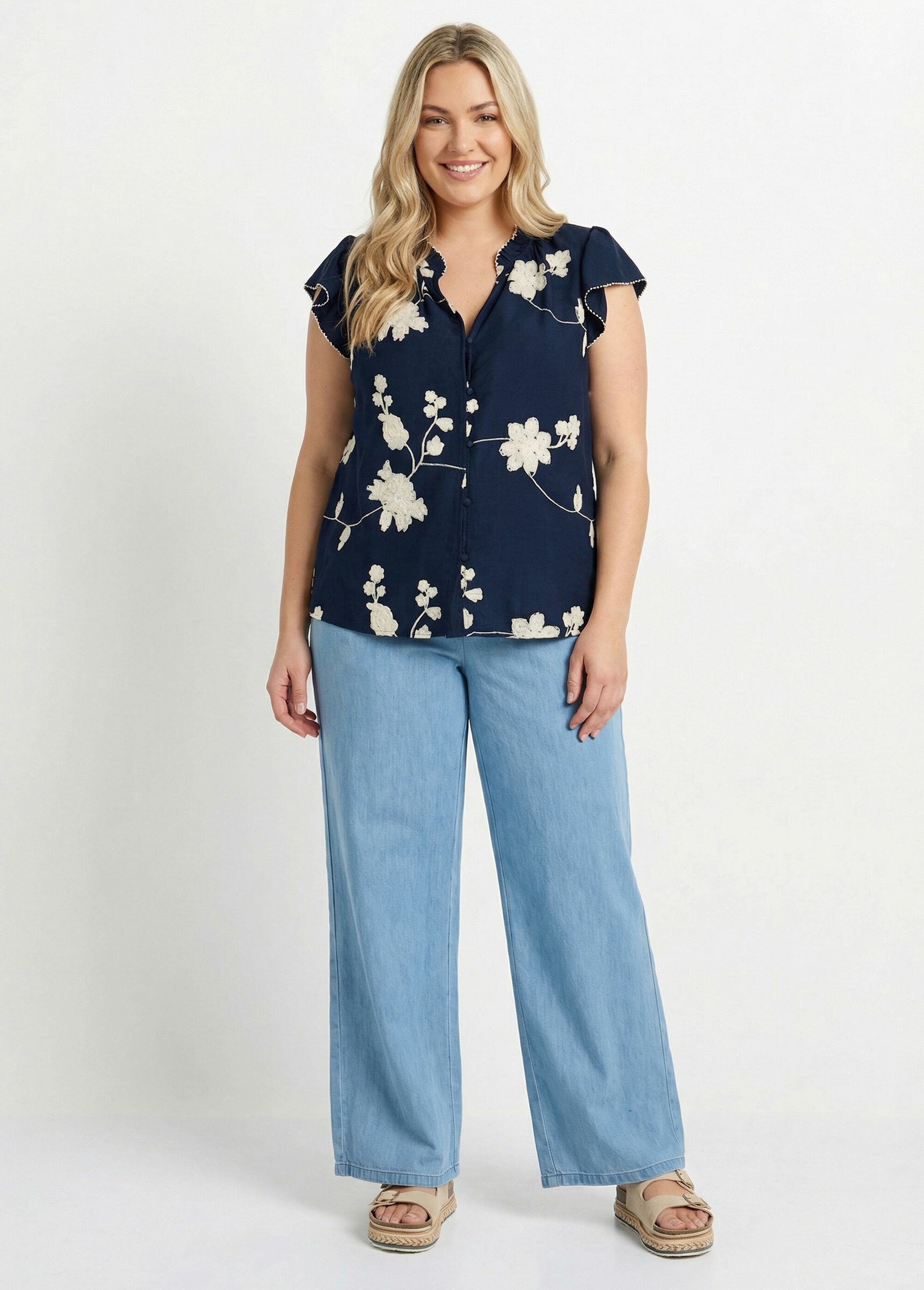 Chemisier broderies contrastantes fleurs Femme Grande Taille Bleu MA-M1111-2178 SF1