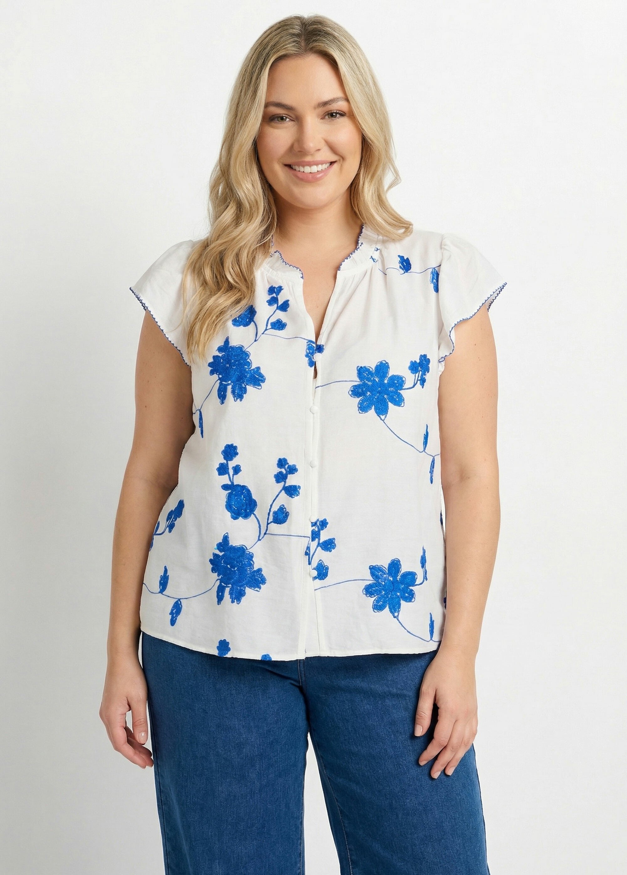 Chemisier broderies contrastantes fleurs Femme Grande Taille Blanc MA-M1111-2178 FA1