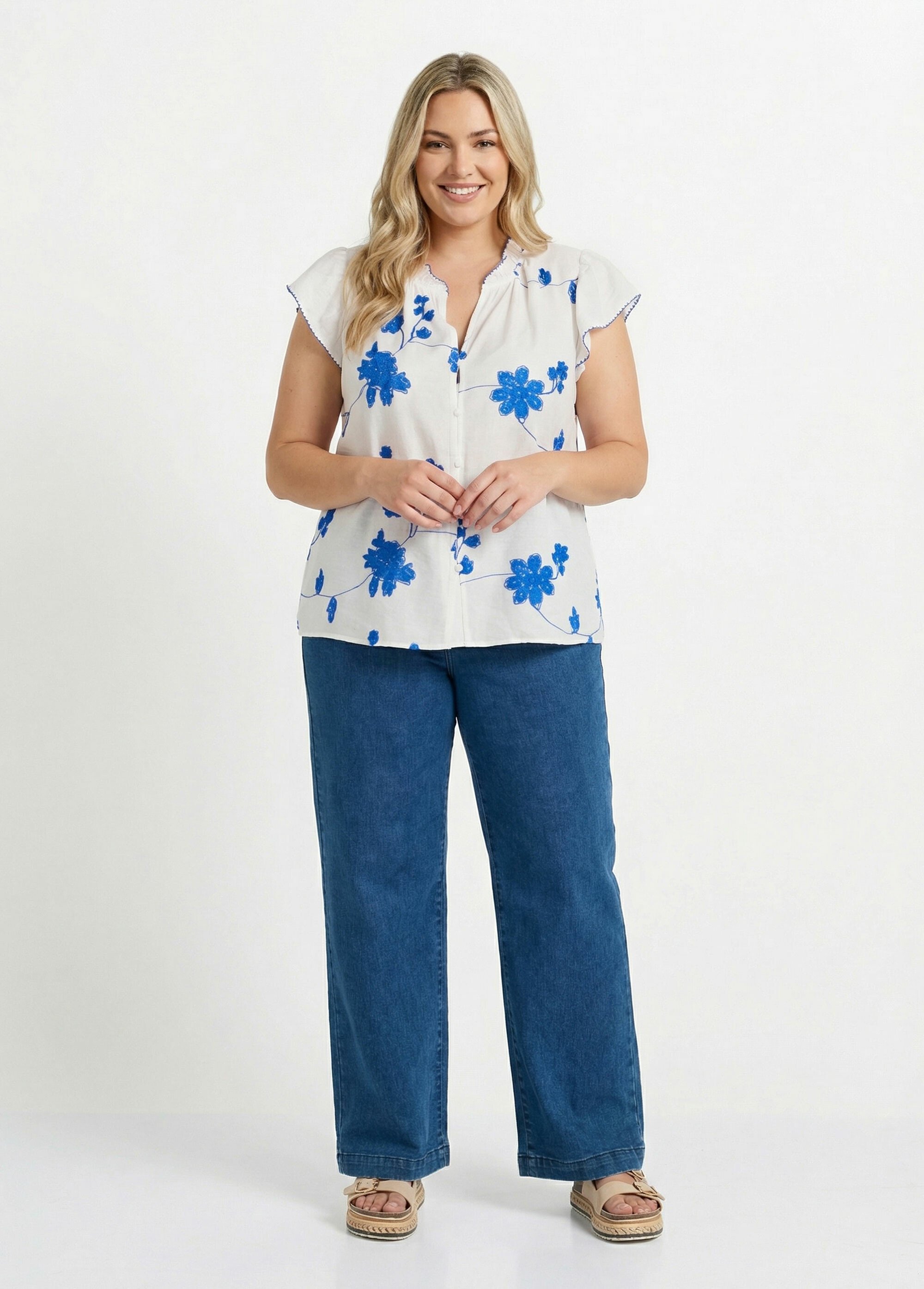 Chemisier broderies contrastantes fleurs Femme Grande Taille Blanc MA-M1111-2178 SF1