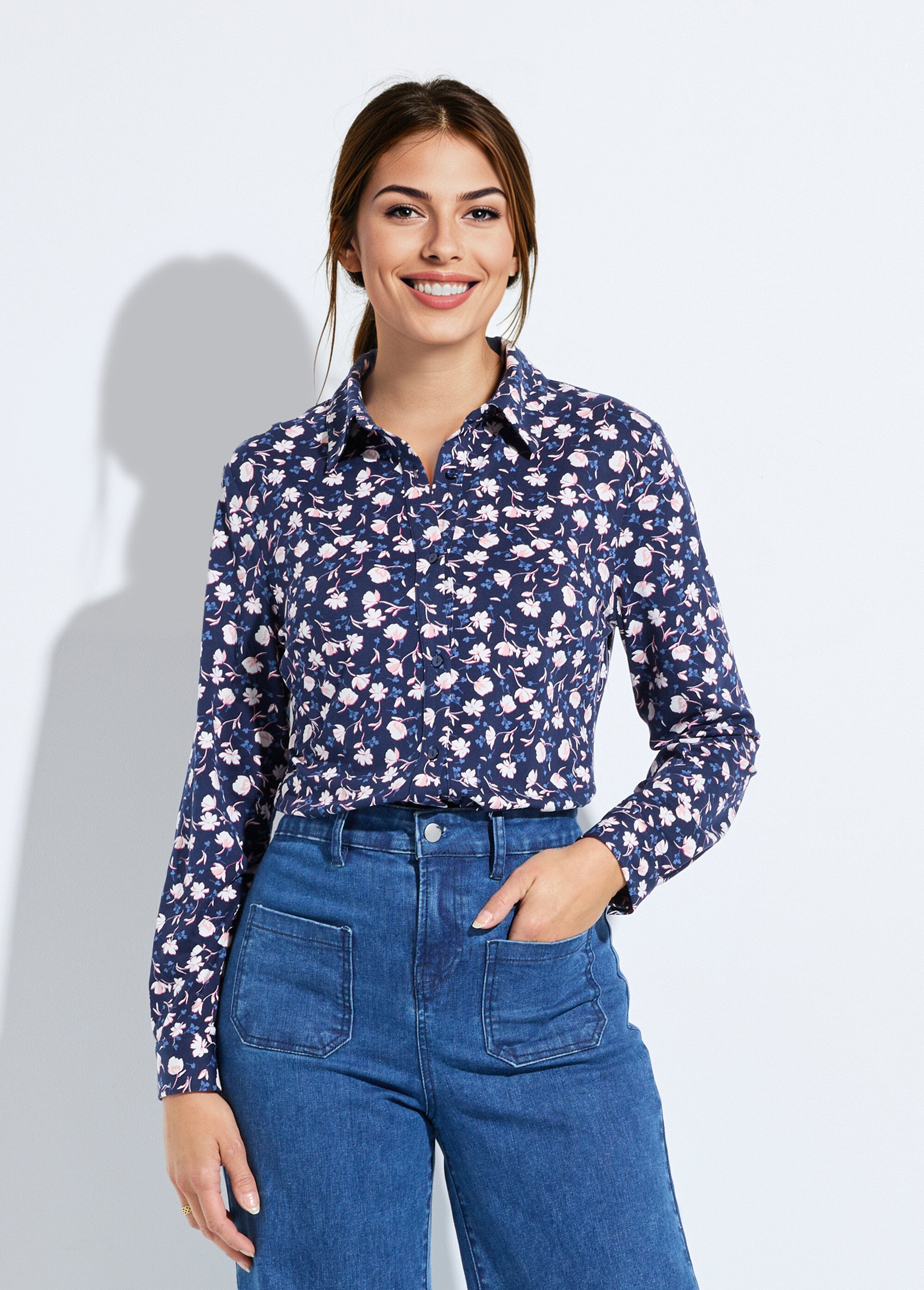 Chemisier maille chaude imprimé fleuri Femme Bleu CERISA FA1