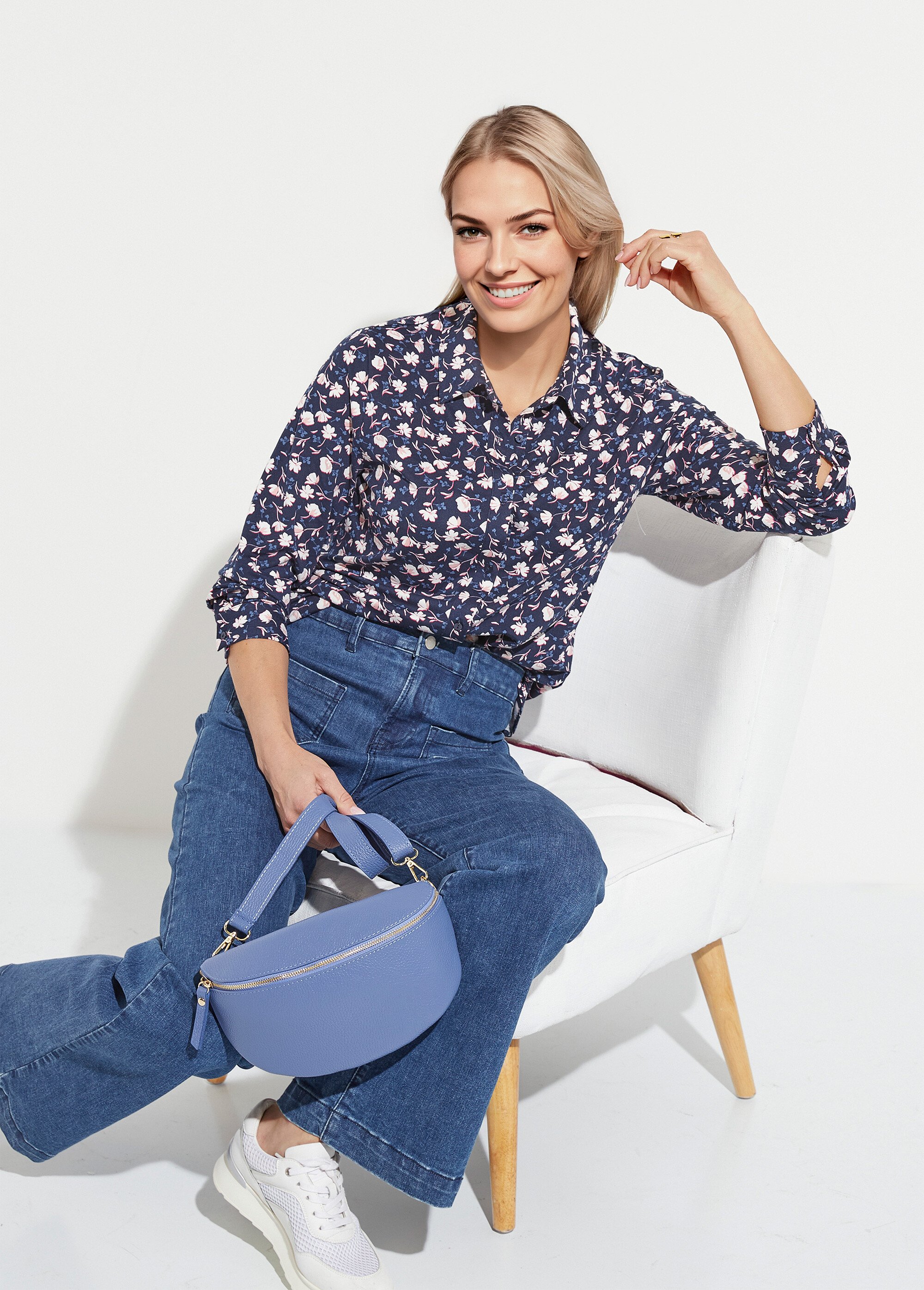 Chemisier maille chaude imprimé fleuri Femme Bleu CERISA MV1