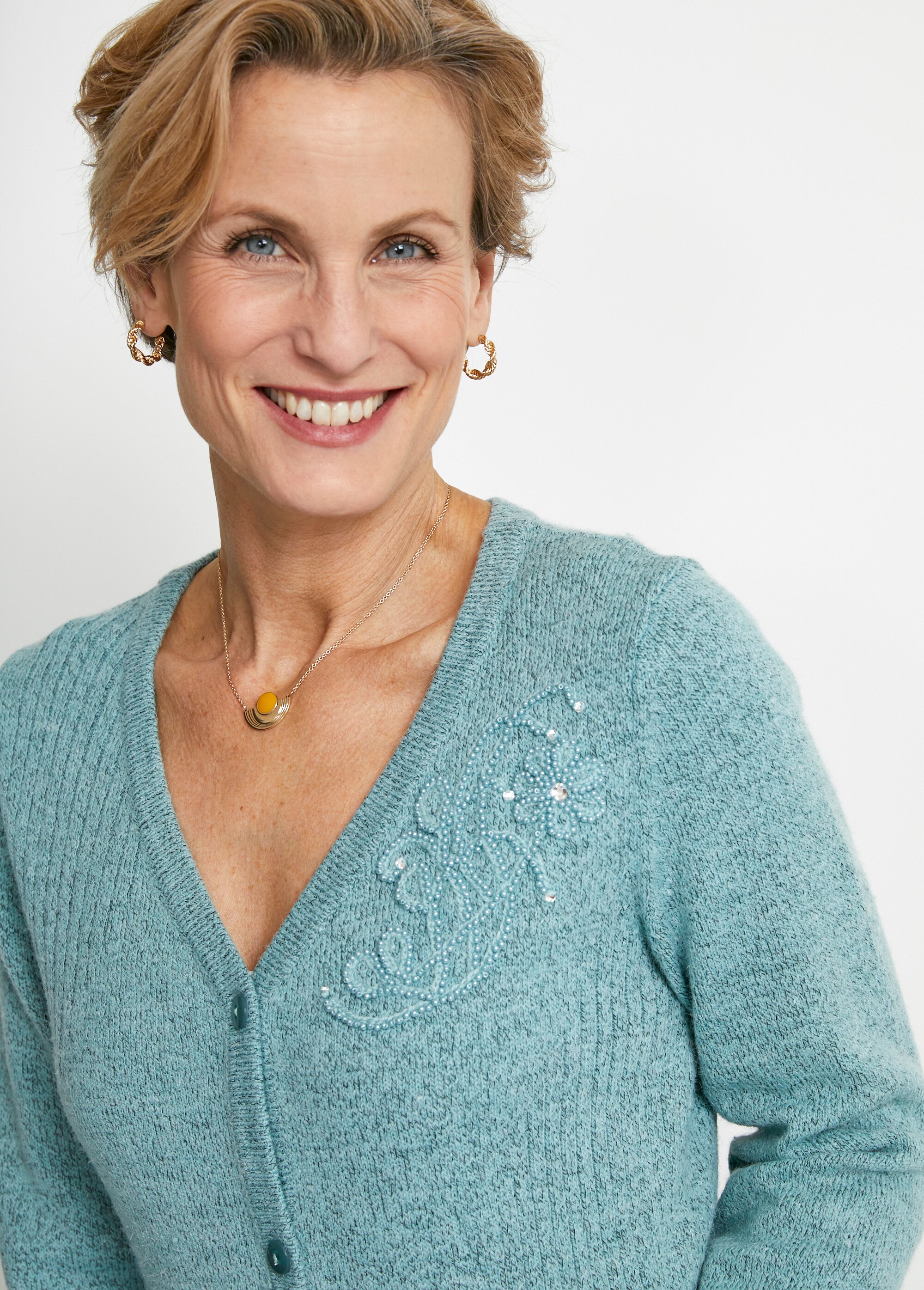 Gilet col V boutonné brodés strassé Vert Afibel