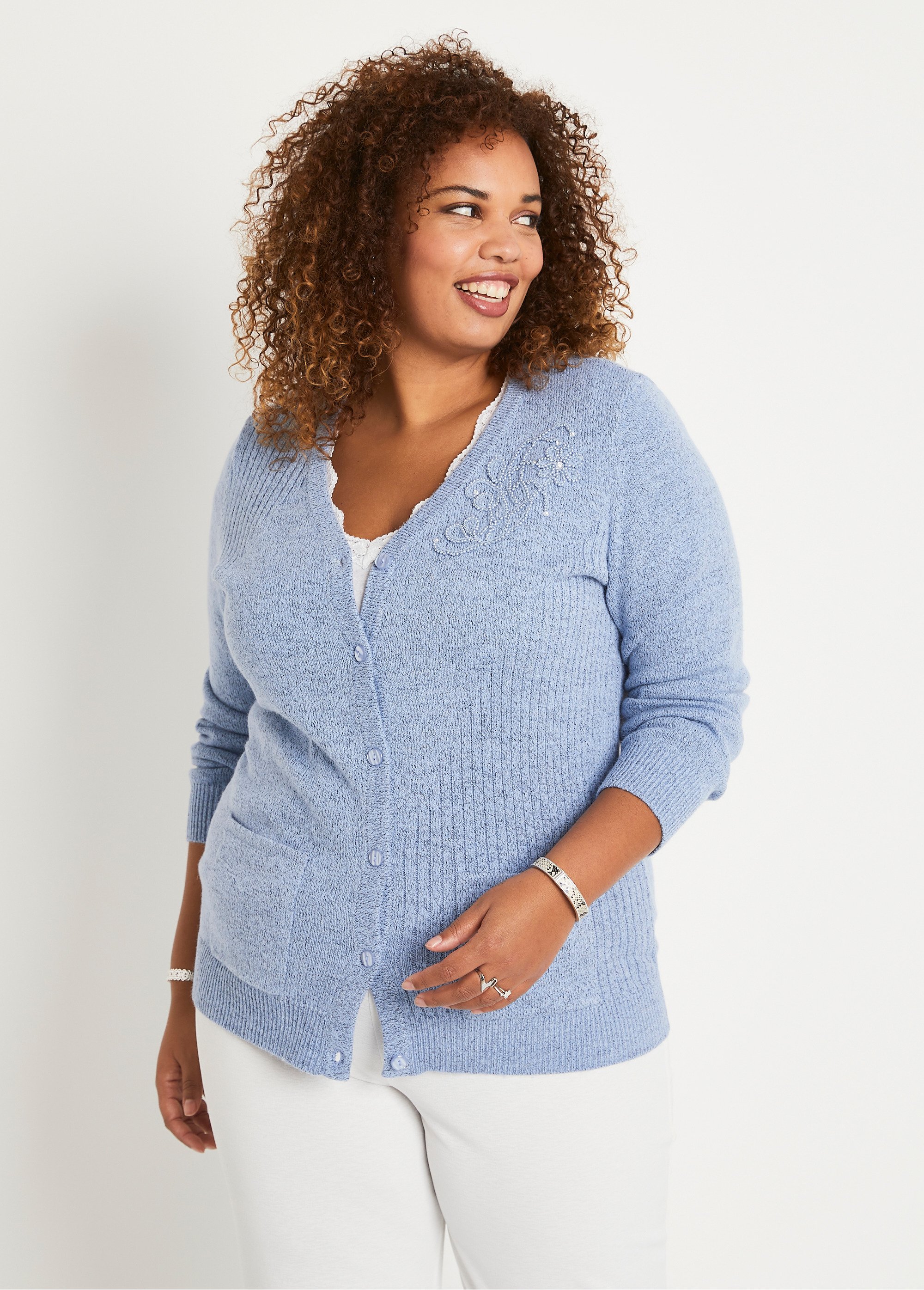 Gilet col V boutonné brodés strassé Femme Grande Taille Bleu MALEDO FA2