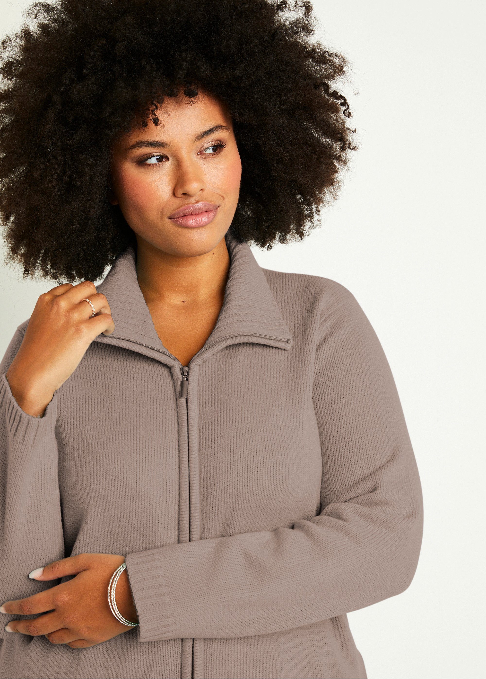 Gilet zippé long uni col montant