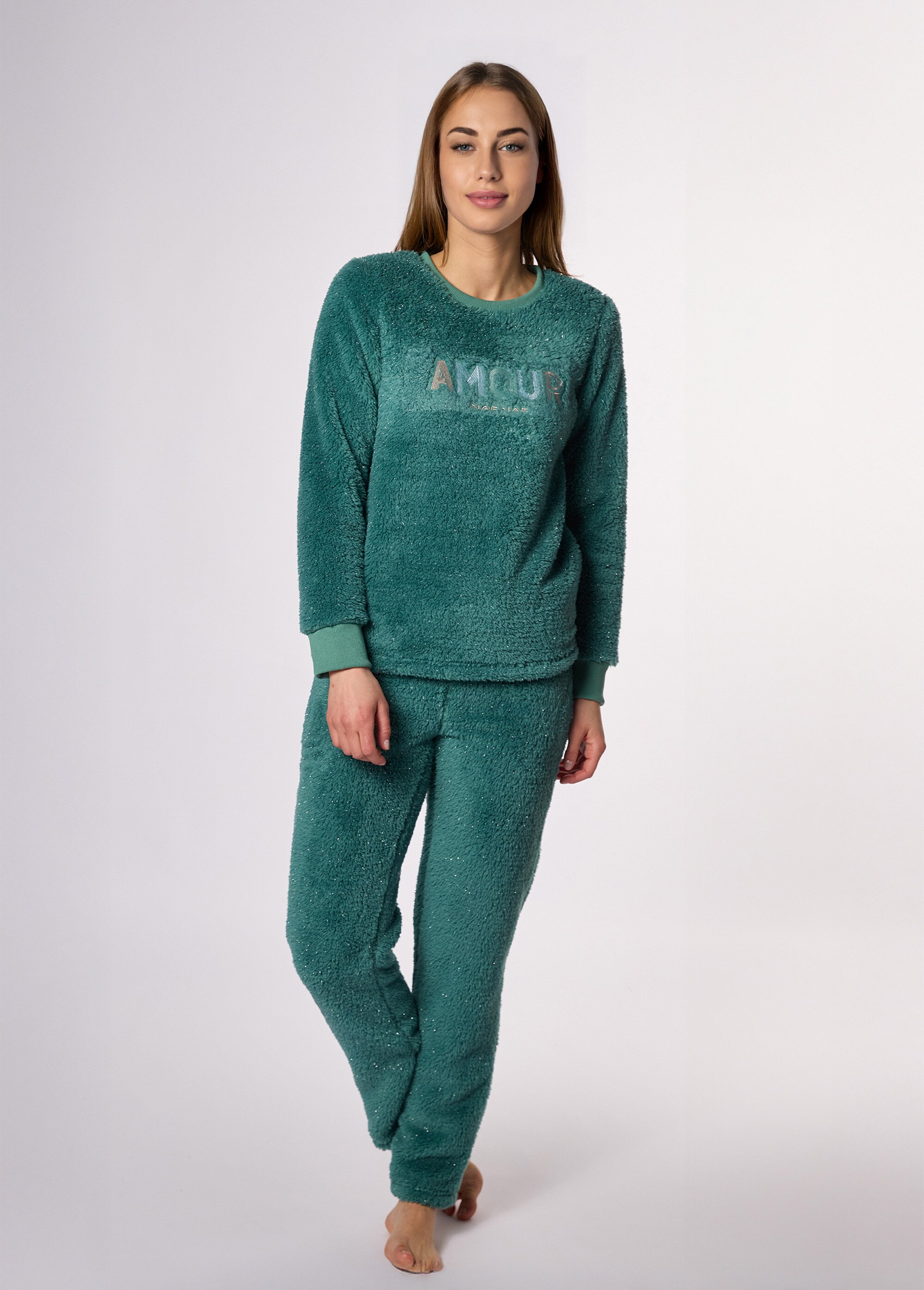 Pyjama manches longues chaud bords côtes Femme Vert CTMNF.TWEED.PYC FA1