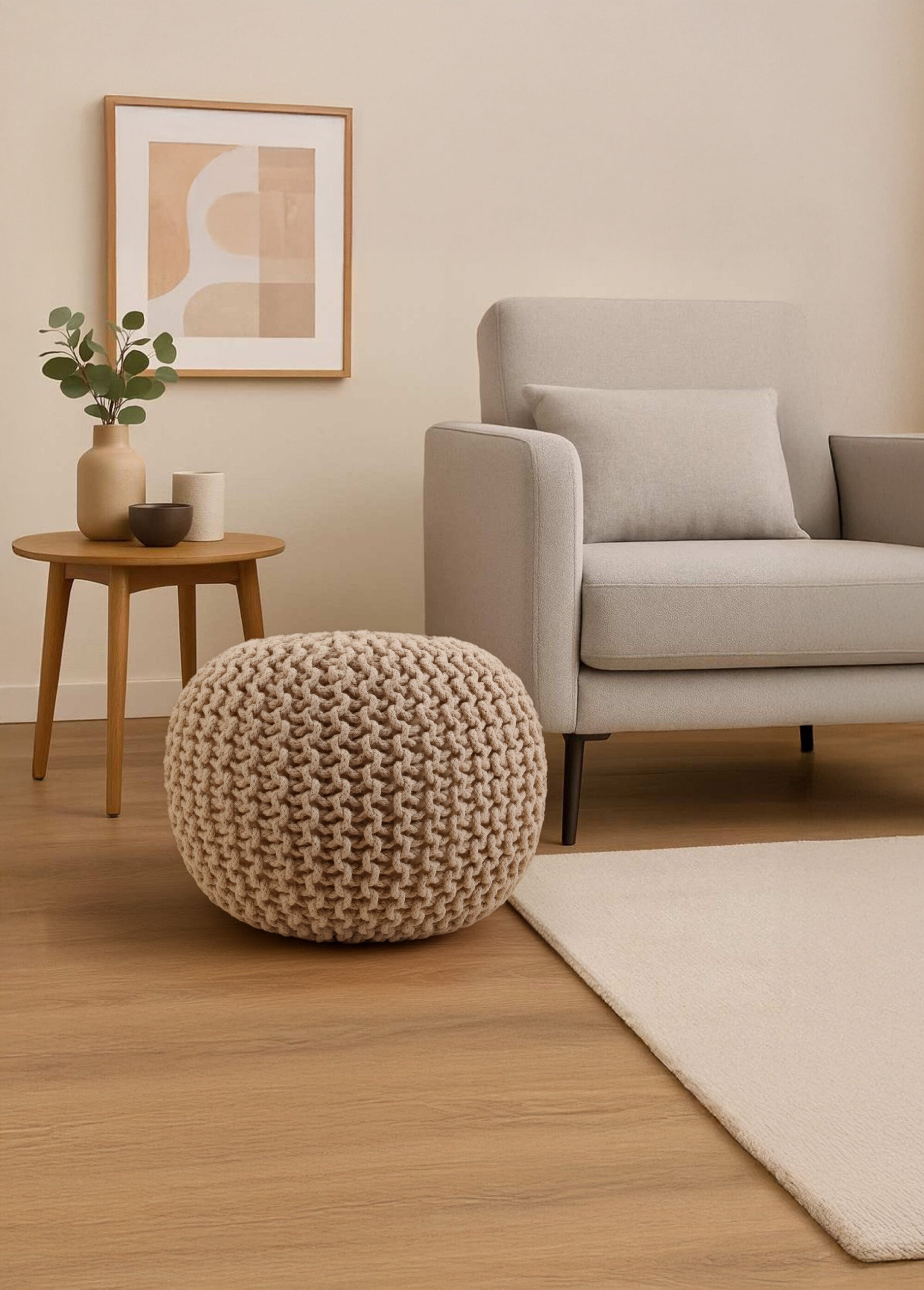 Pouf rond tricoté grosse maille, clair BEIGE NOR-14348 SI1