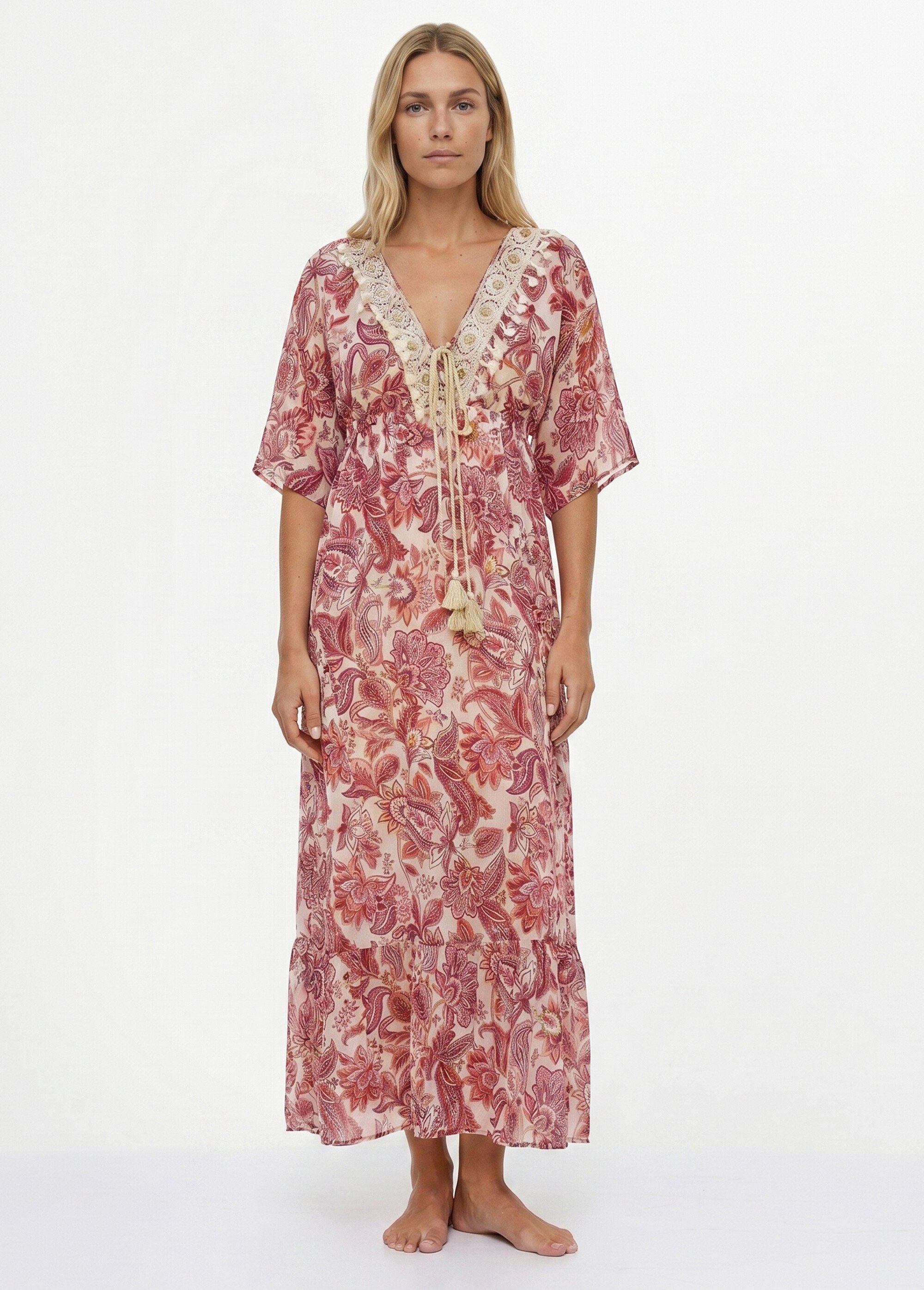 Robe de plage imprimée, encolure brodée Femme Rose SUNPX4A5102 FA1