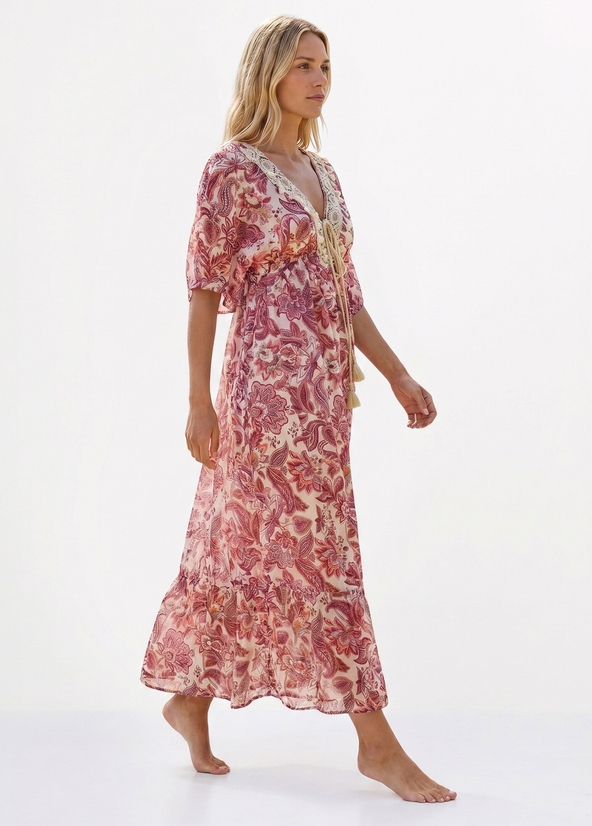 Robe de plage imprimée, encolure brodée Femme Rose SUNPX4A5102 MV1
