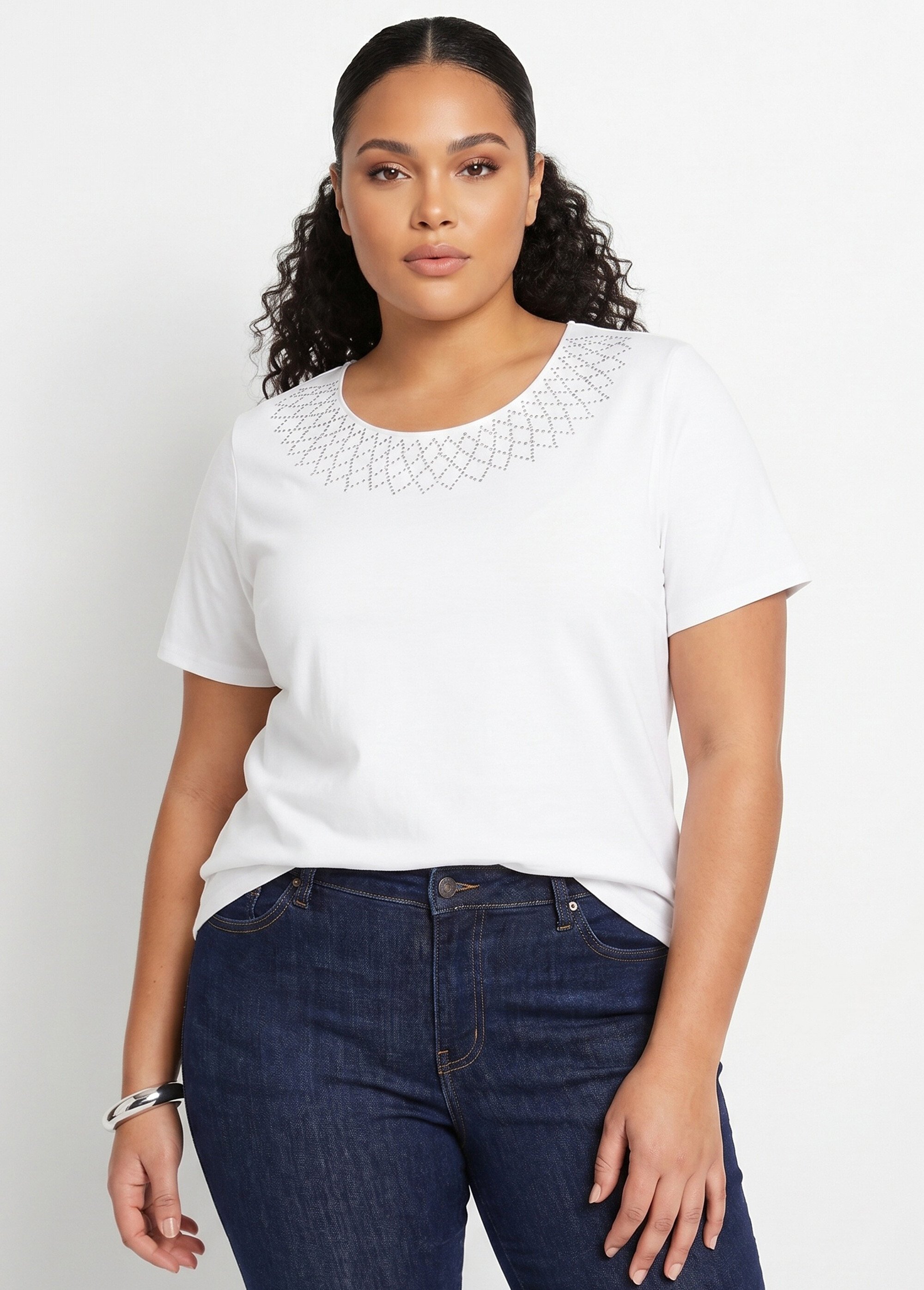 T-shirt jersey coton fantaisie cloutée Femme Grande Taille Blanc CHAMBERY MV1