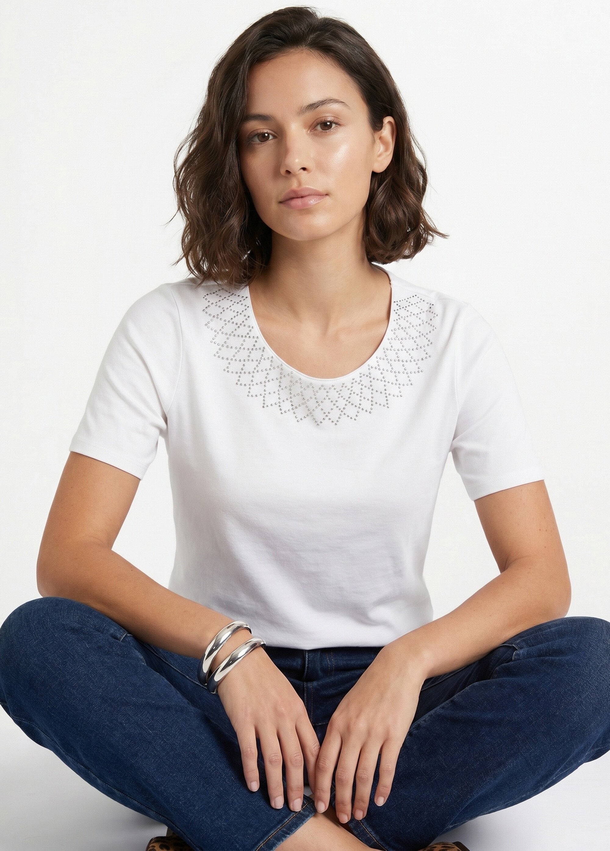 T-shirt jersey coton fantaisie cloutée Femme Blanc CHAMBERY MV1