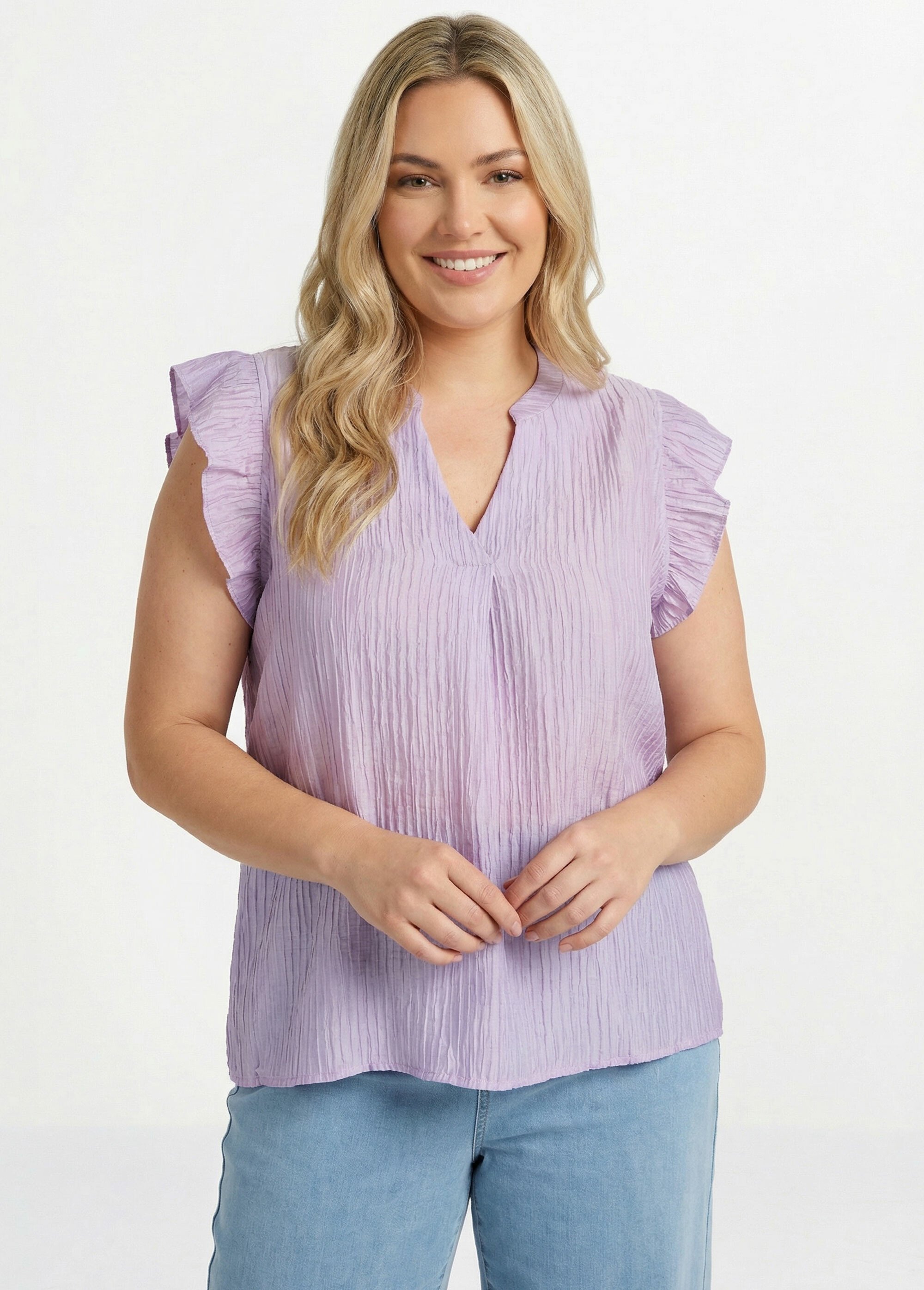 Tunique plissée légère manches col V Femme Grande Taille Violet MA-M097-2391 FA1