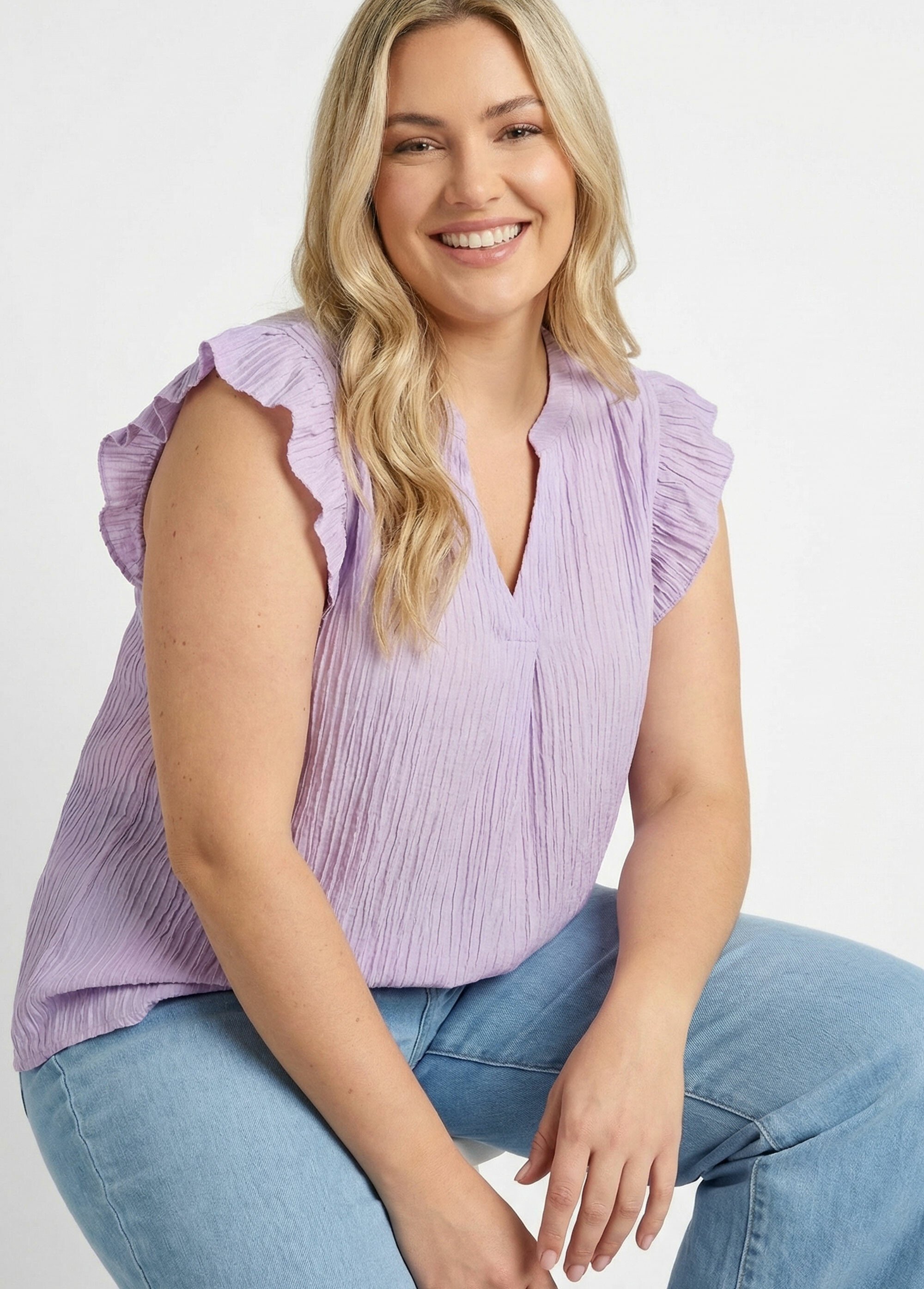 Tunique plissée légère manches col V Femme Grande Taille Violet MA-M097-2391 MV1