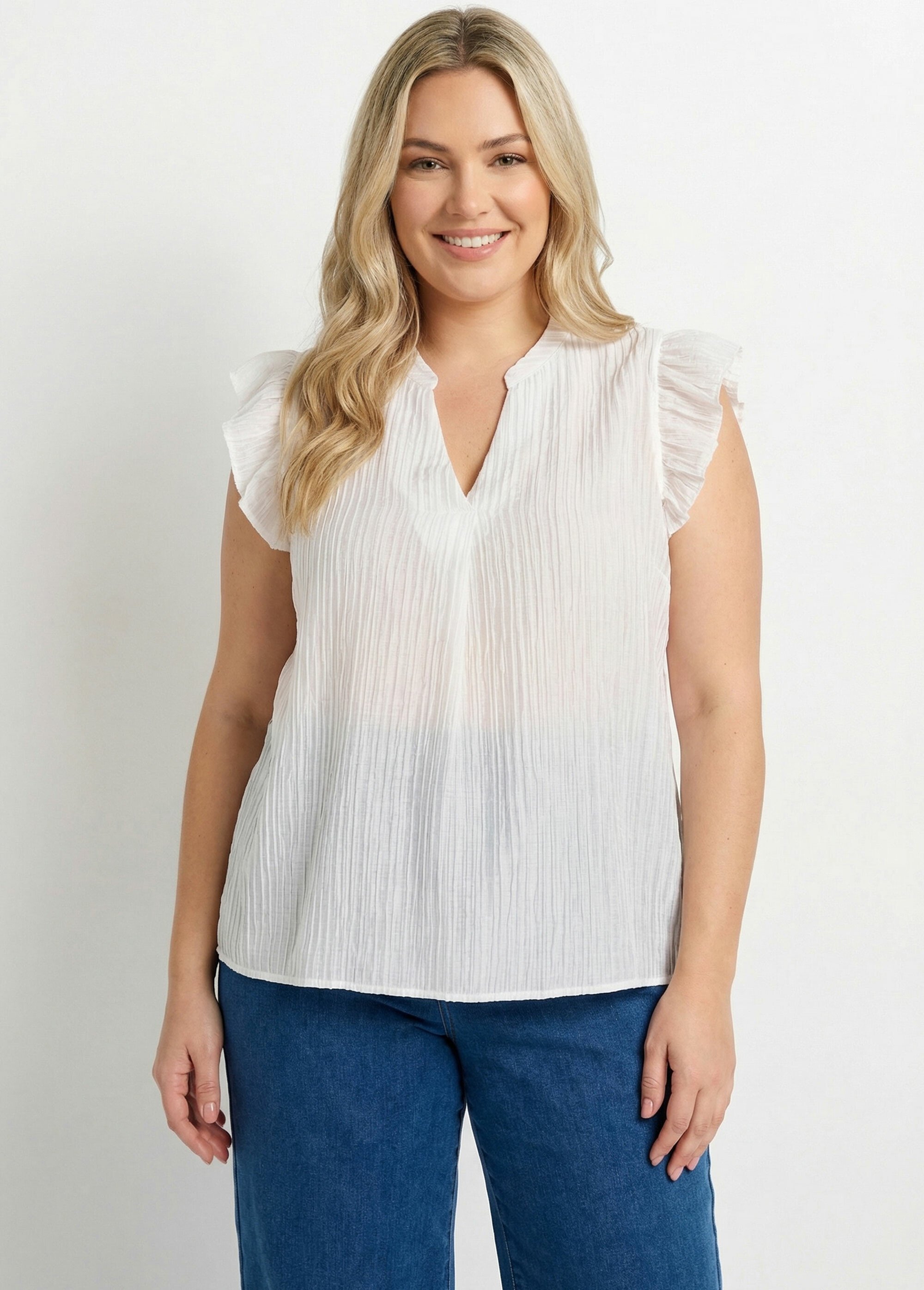 Tunique plissée légère manches col V Femme Grande Taille Blanc MA-M097-2391 FA1