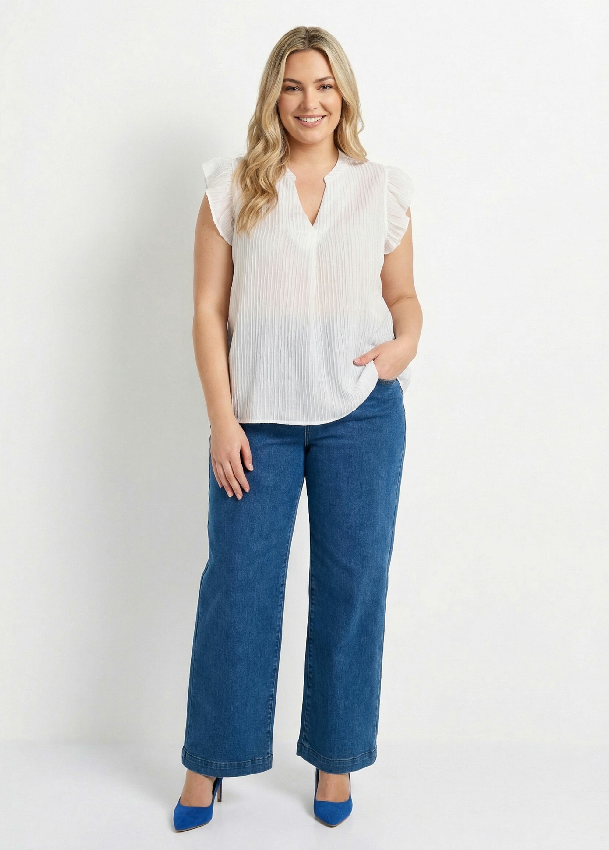 Tunique plissée légère manches col V Femme Grande Taille Blanc MA-M097-2391 SF1