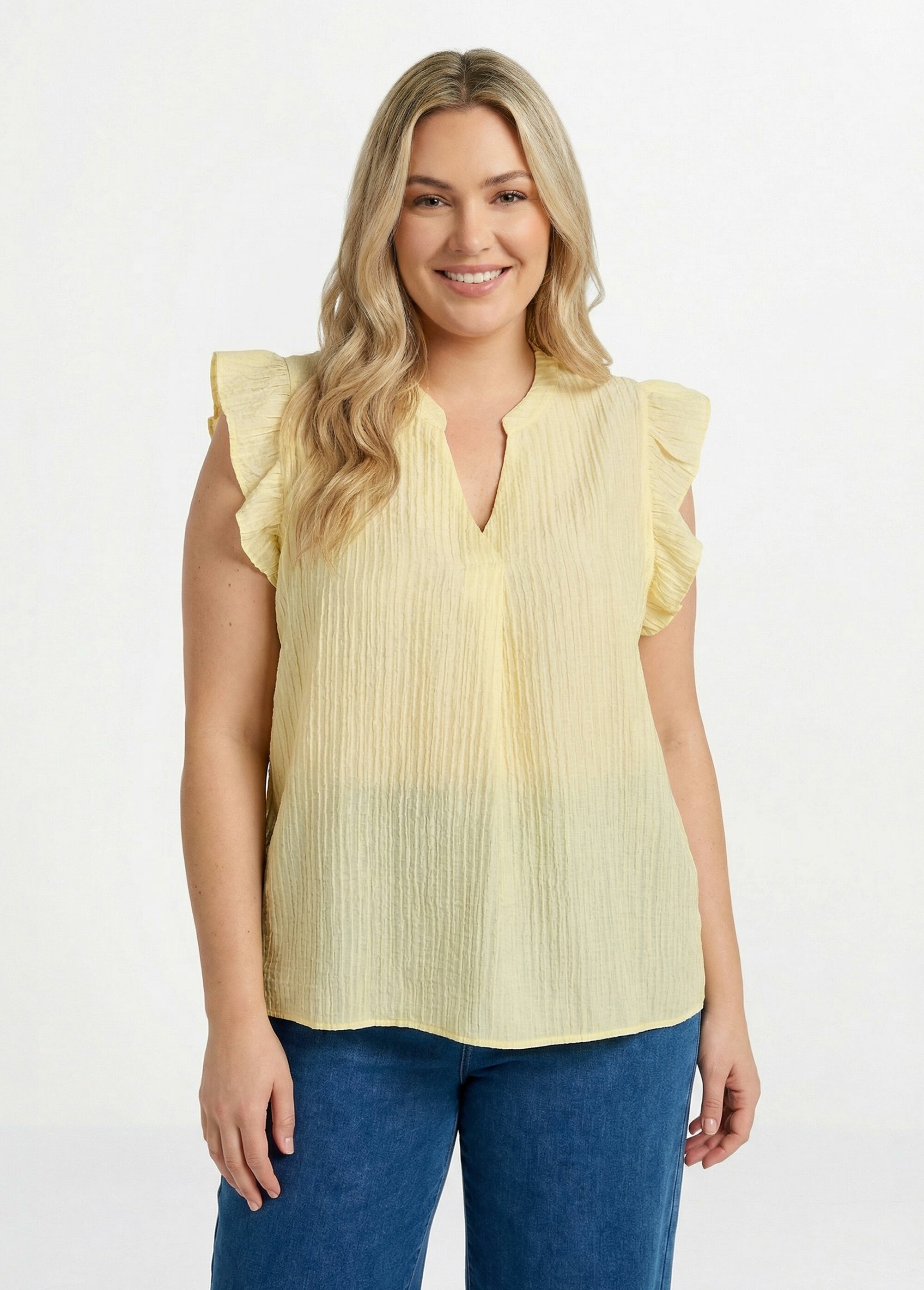 Tunique plissée légère manches col V Femme Grande Taille Jaune MA-M097-2391 FA1