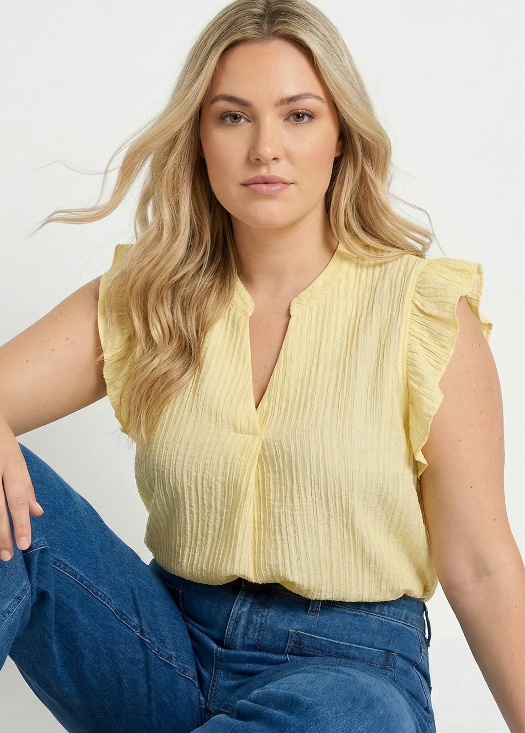 Tunique plissée légère manches col V Femme Grande Taille Jaune MA-M097-2391 MV1