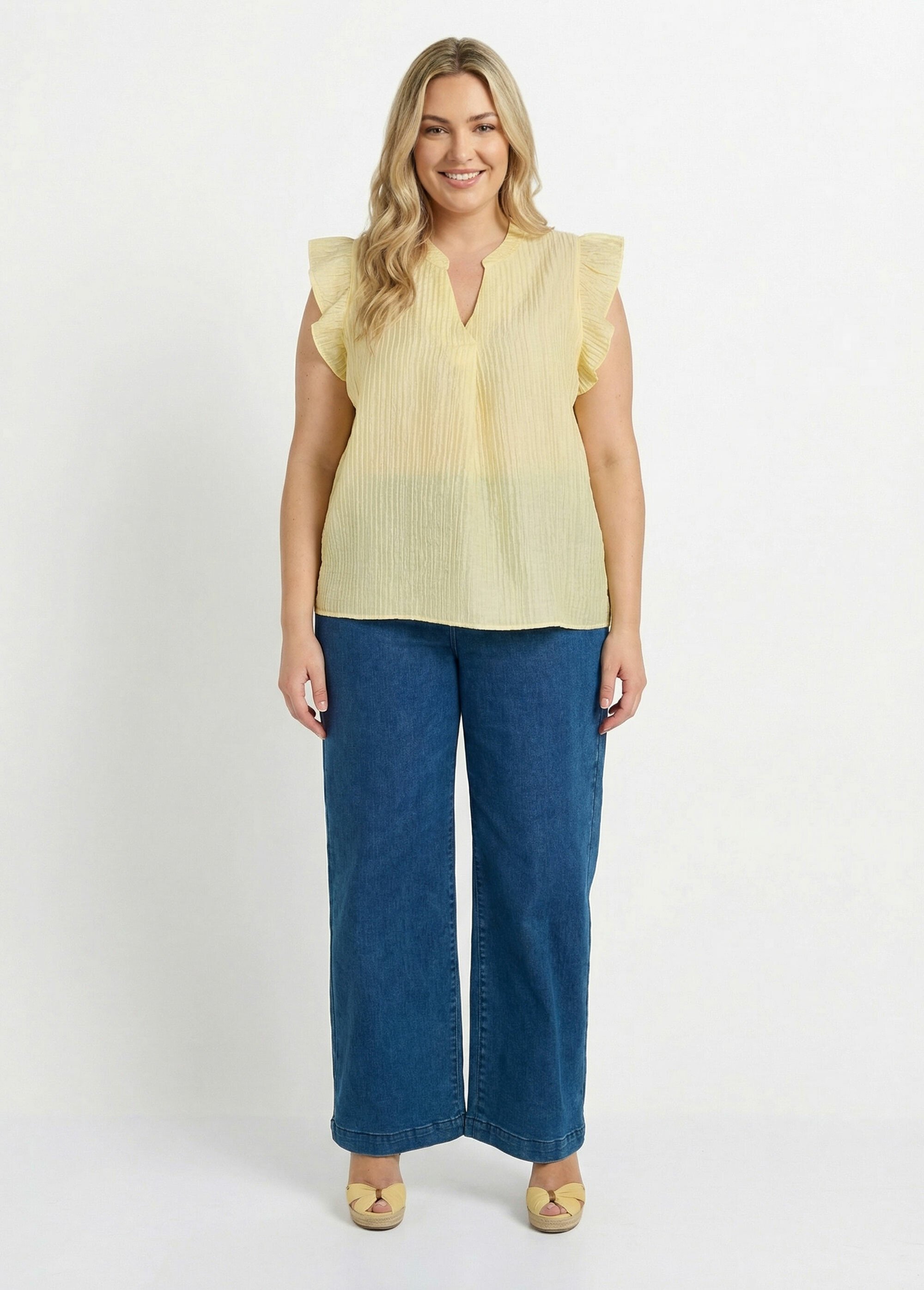 Tunique plissée légère manches col V Femme Grande Taille Jaune MA-M097-2391 SF1