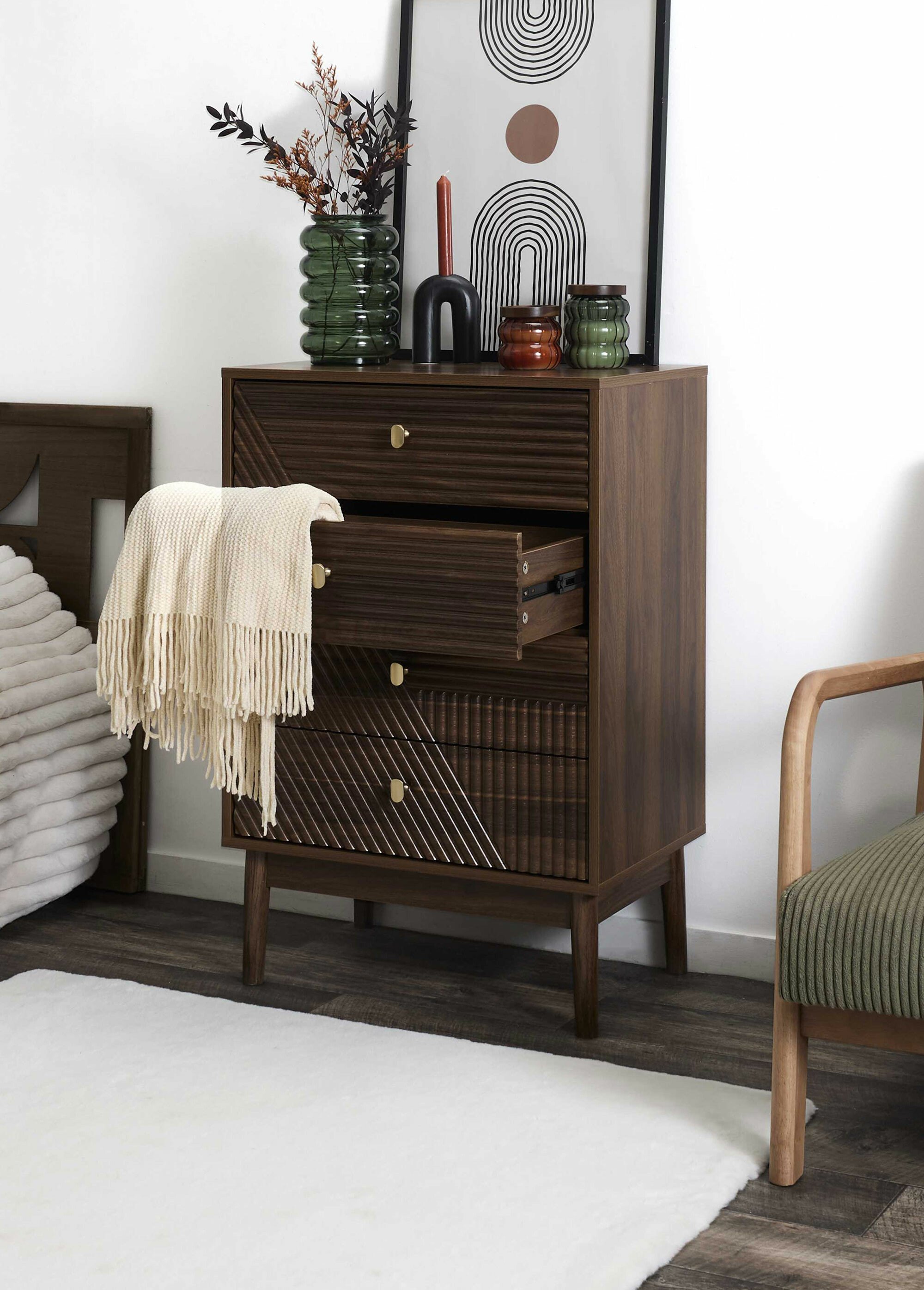 Commode 4 tiroirs, bois foncé rainuré MARRON CMP-HD0560 SI2