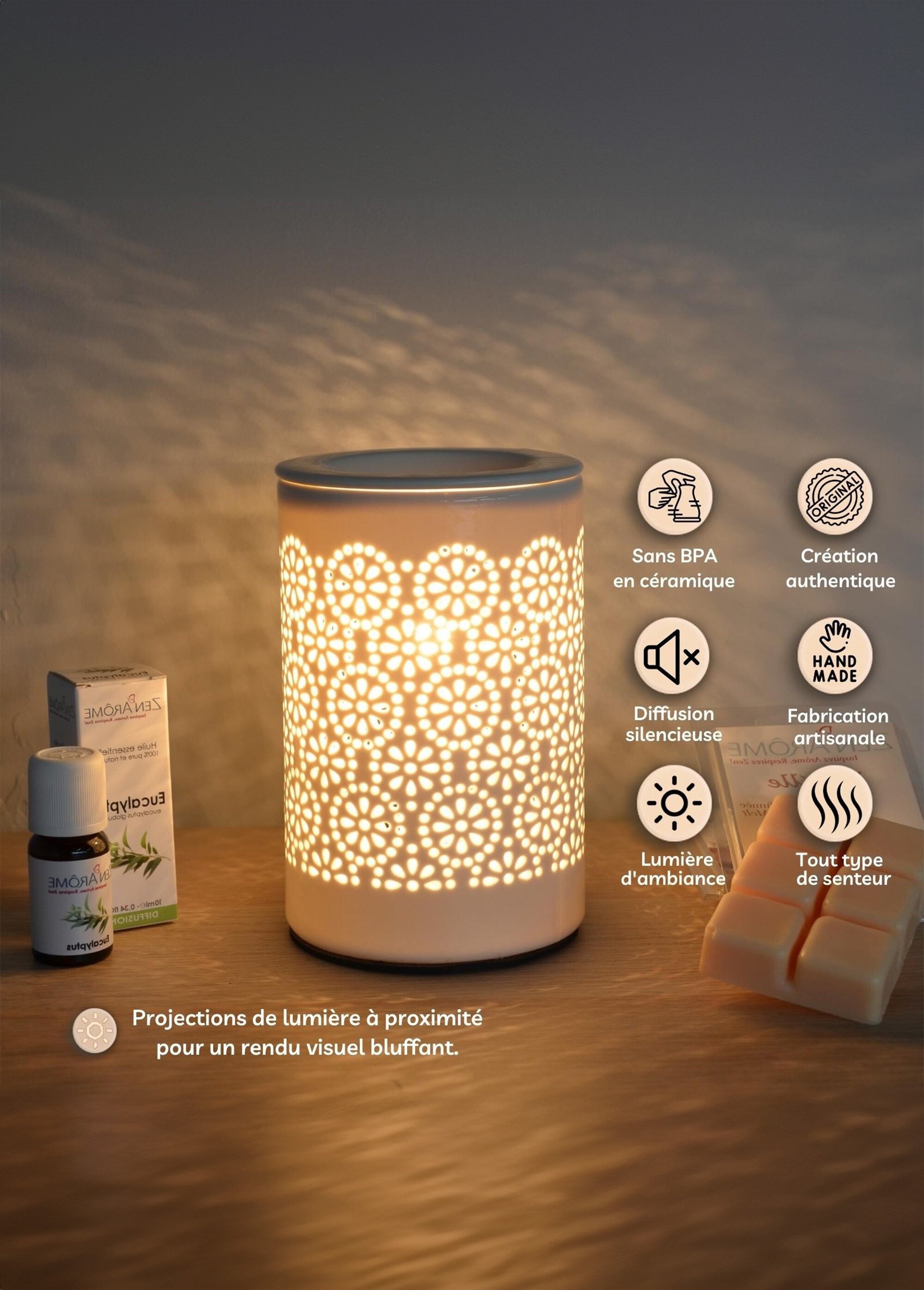 Diffuseur de parfum, motif rosaces Blanc ZENCALORYA4 DE2