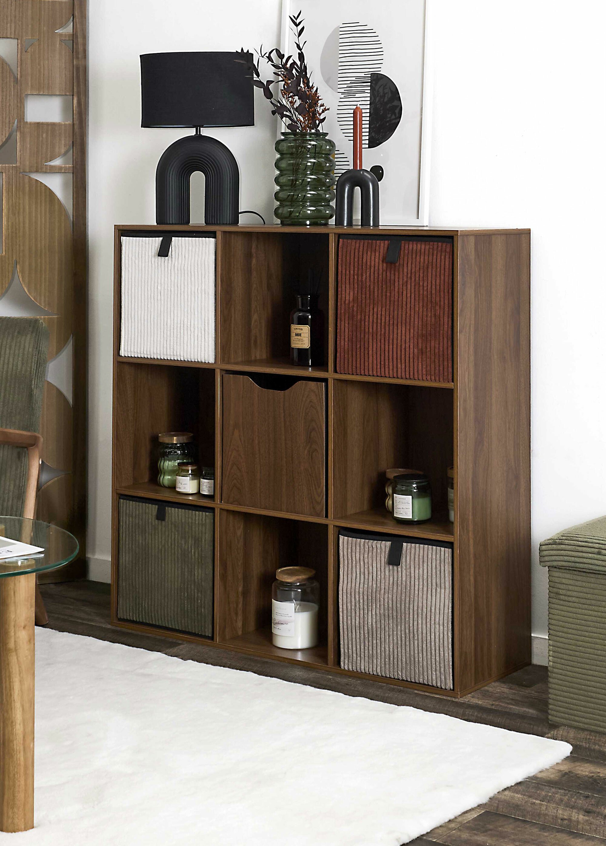 Meuble 9 cases en bois foncé rainuré MARRON CMP-HD0578 SI1