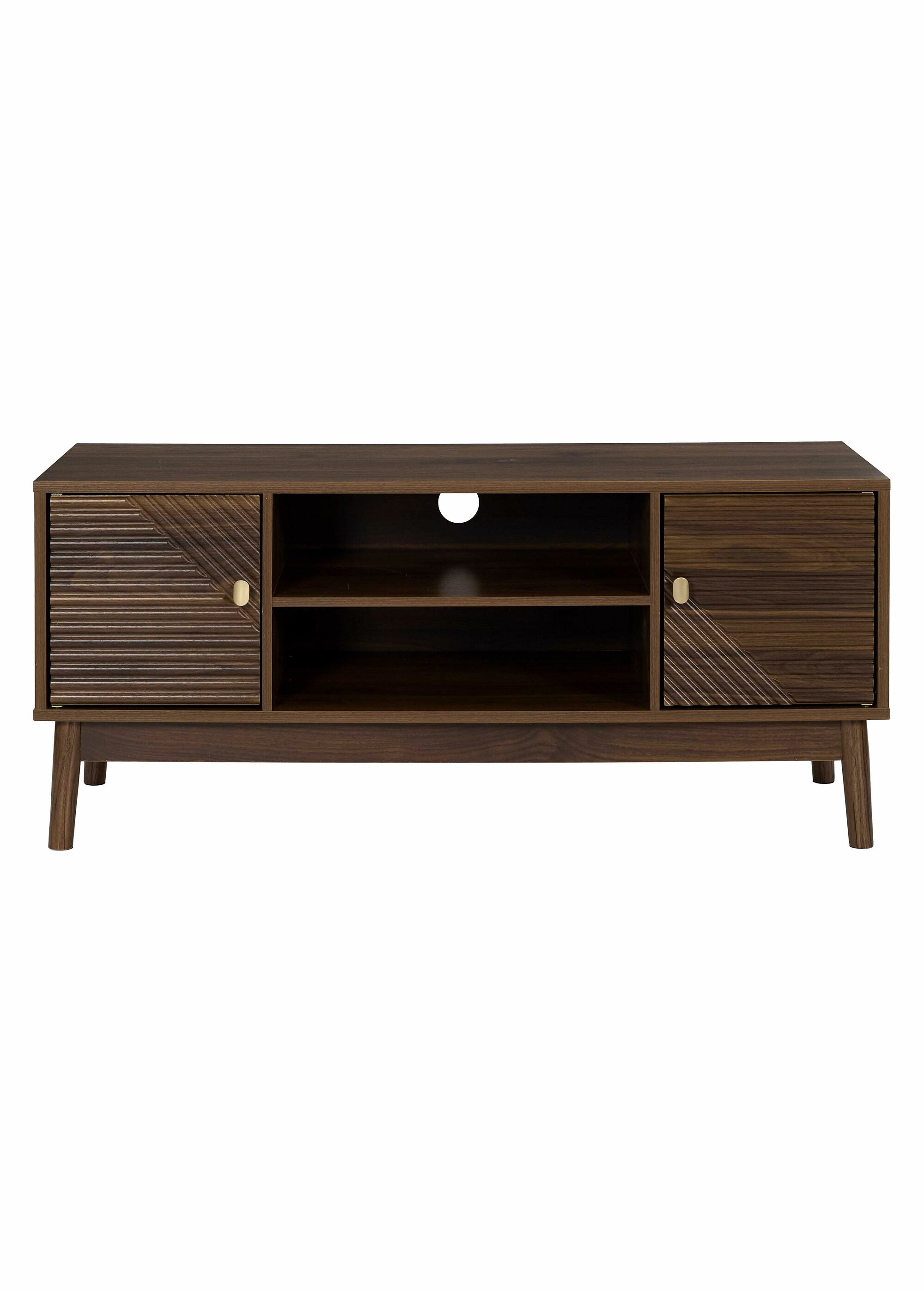 Meuble TV 2 portes en bois foncé rainuré