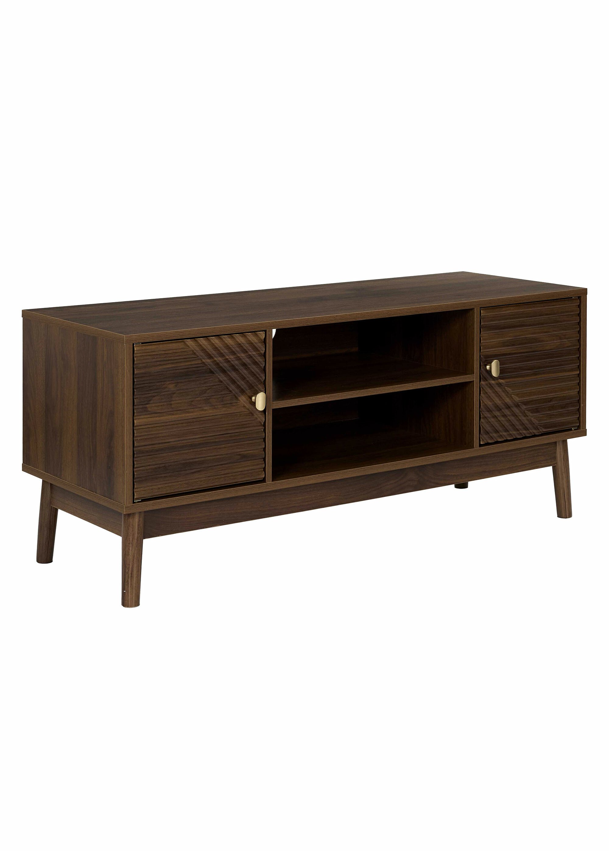Meuble TV 2 portes en bois foncé rainuré