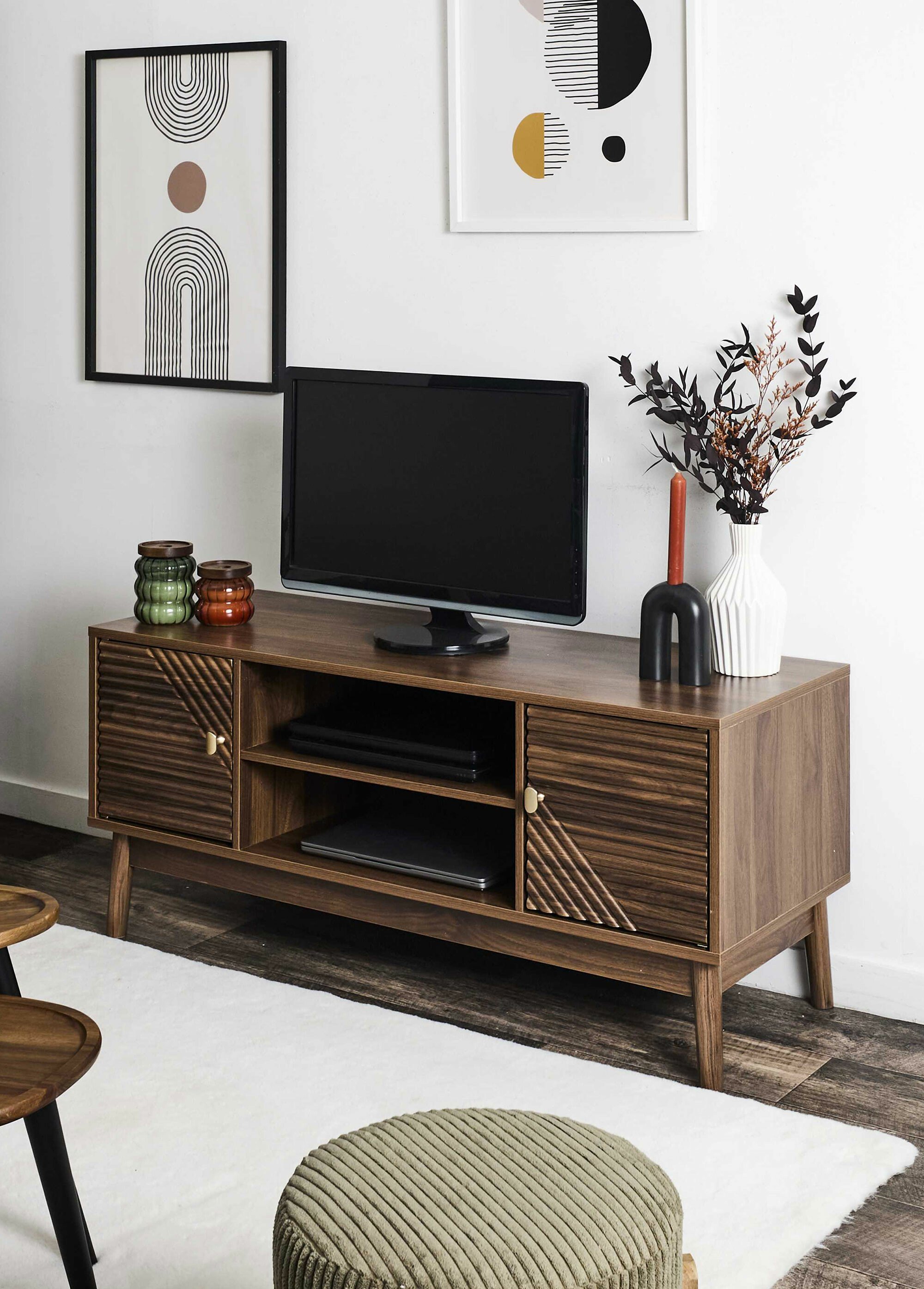 Meuble TV 2 portes en bois foncé rainuré MARRON CMP-HD0562 SI1