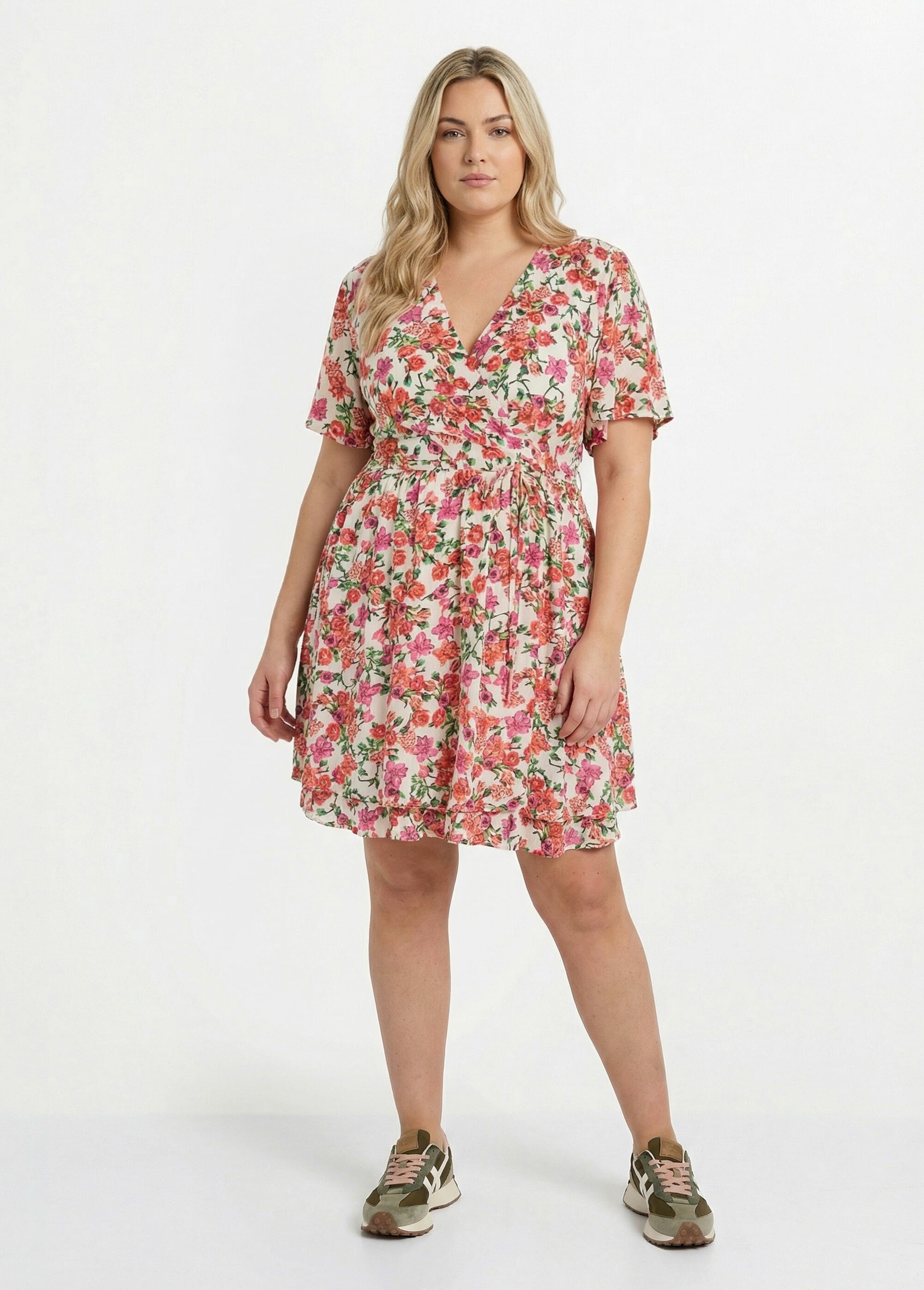 Robe courte cache coeur motif fleuri vif Femme Grande Taille Rose MA-M1206-2359 FA1