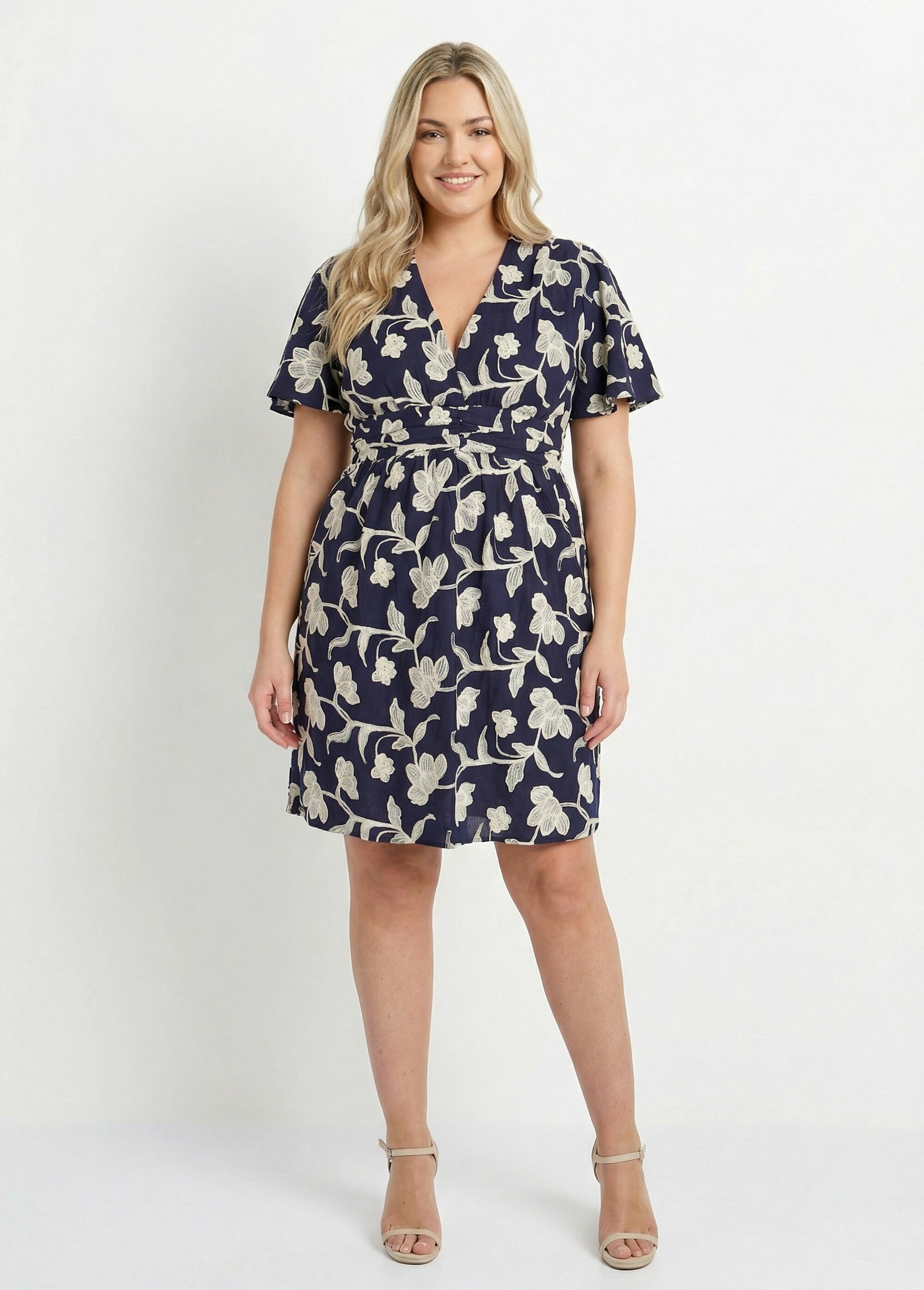 Robe courte fleurs brodées, taille haute Femme Grande Taille Bleu MA-1163-2367 FA1