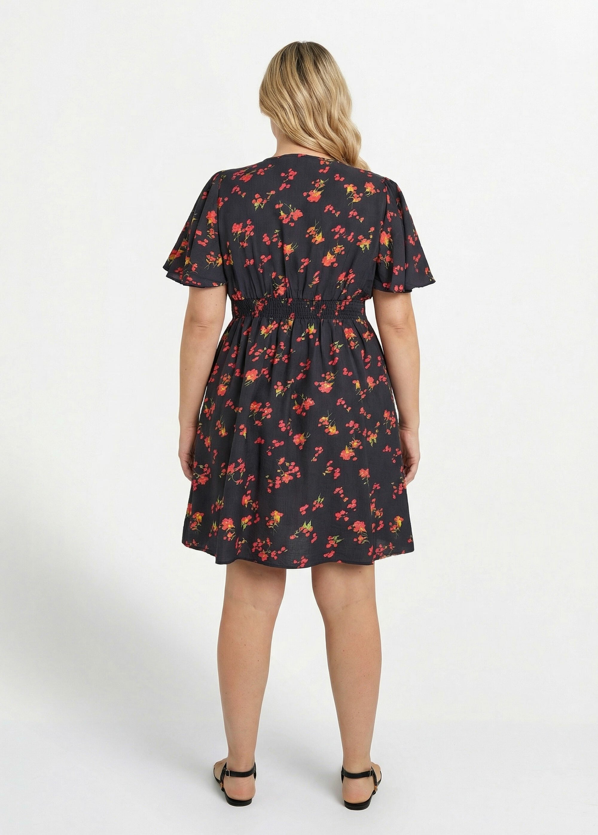 Robe courte, imprimé bouquets de fleurs Femme Grande Taille Noir MA-1163-2579 DO1