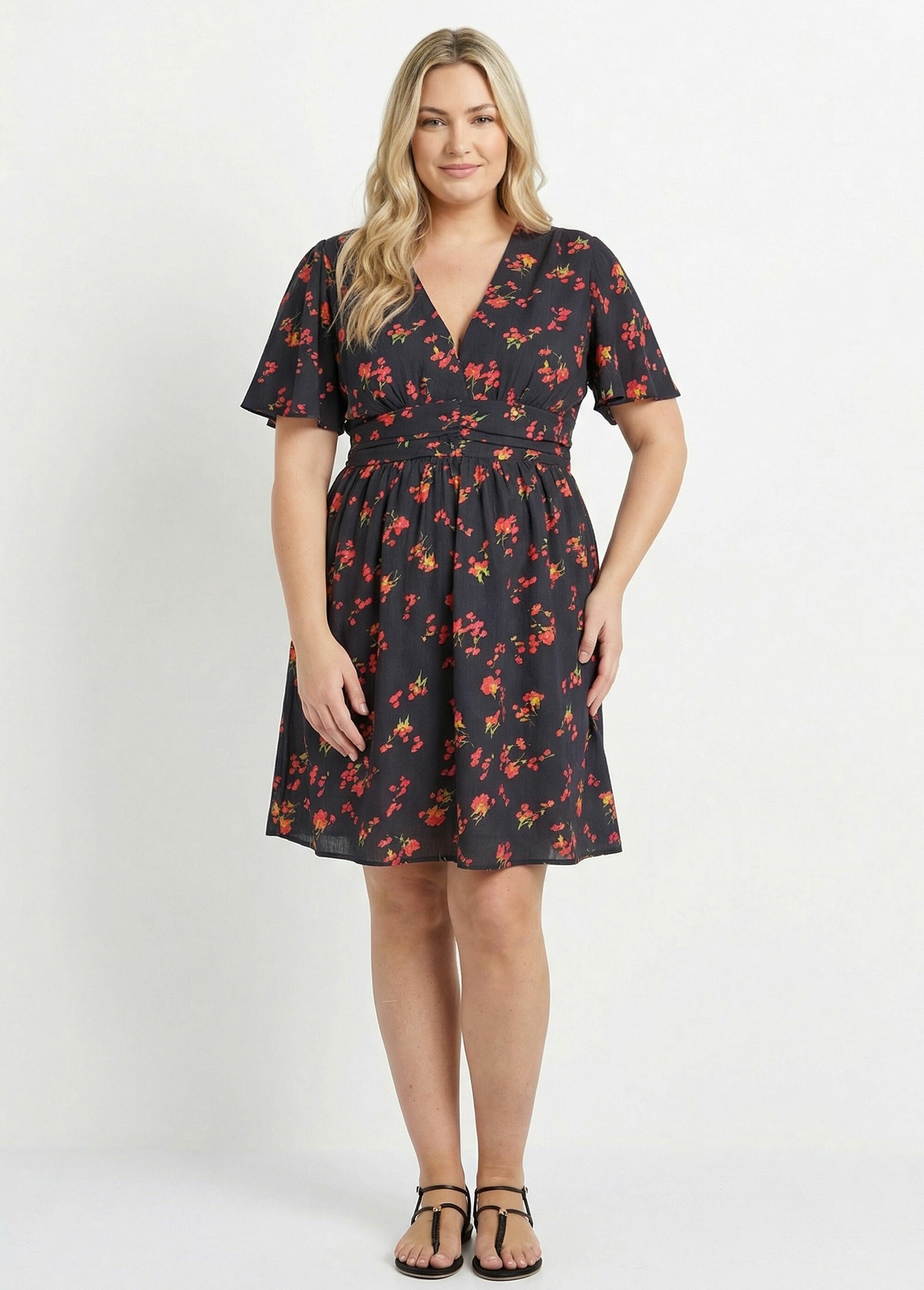 Robe courte, imprimé bouquets de fleurs Femme Grande Taille Noir MA-1163-2579 FA1