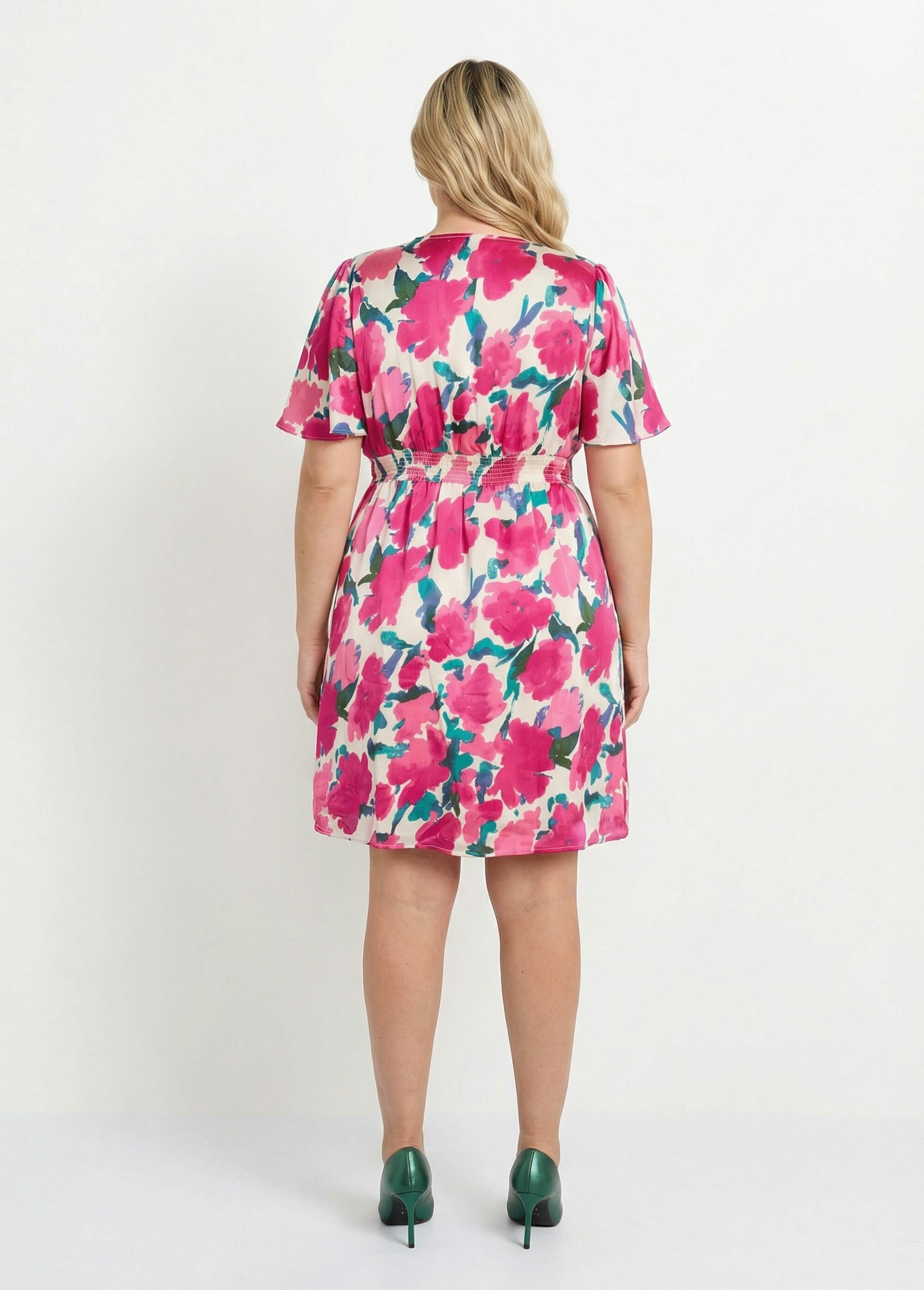 Robe courte satinée, motif arty fleuri Femme Grande Taille Rose MA-1163-1811 DO1